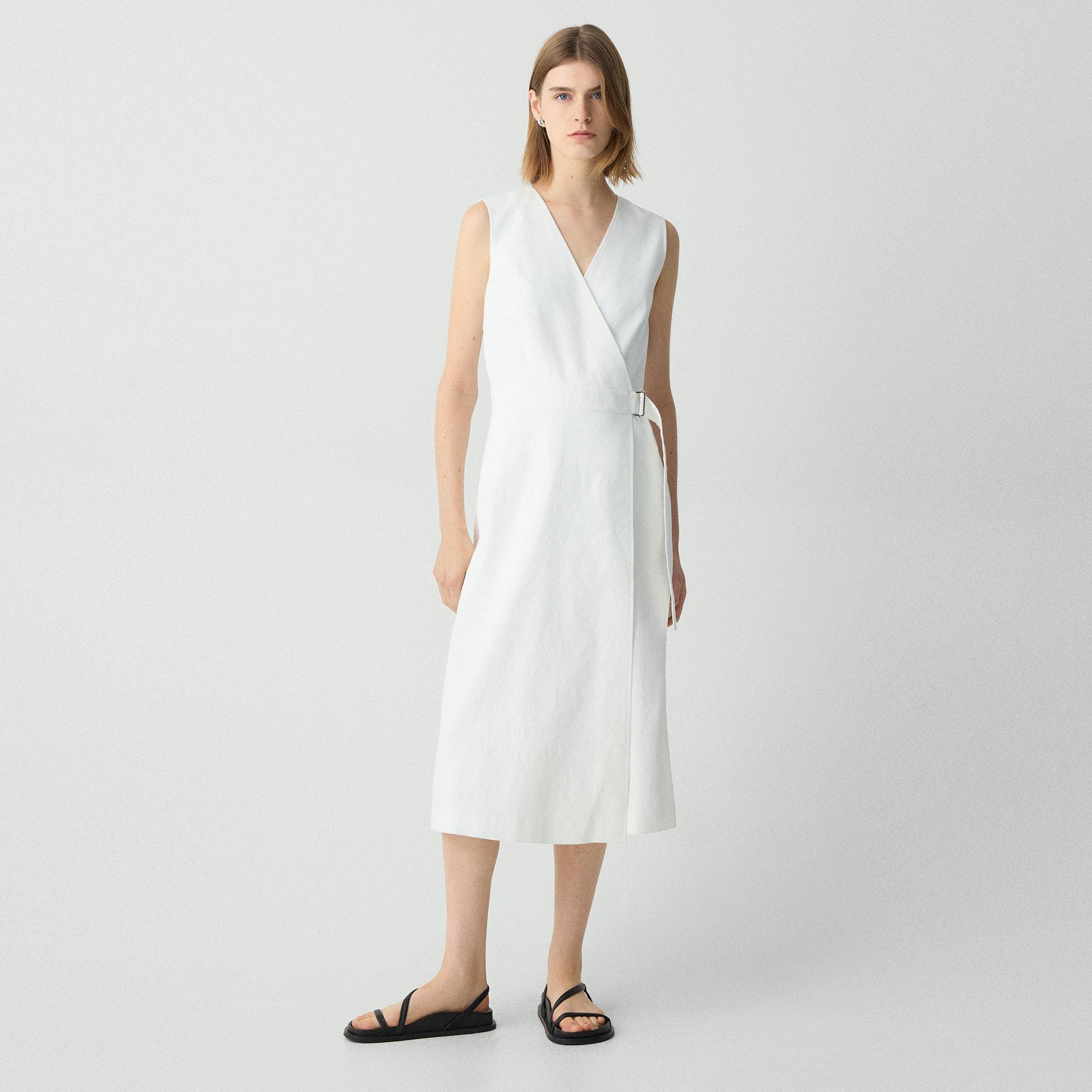 Theory Sleeveless A-line Wrap Dress In Good Linen In White