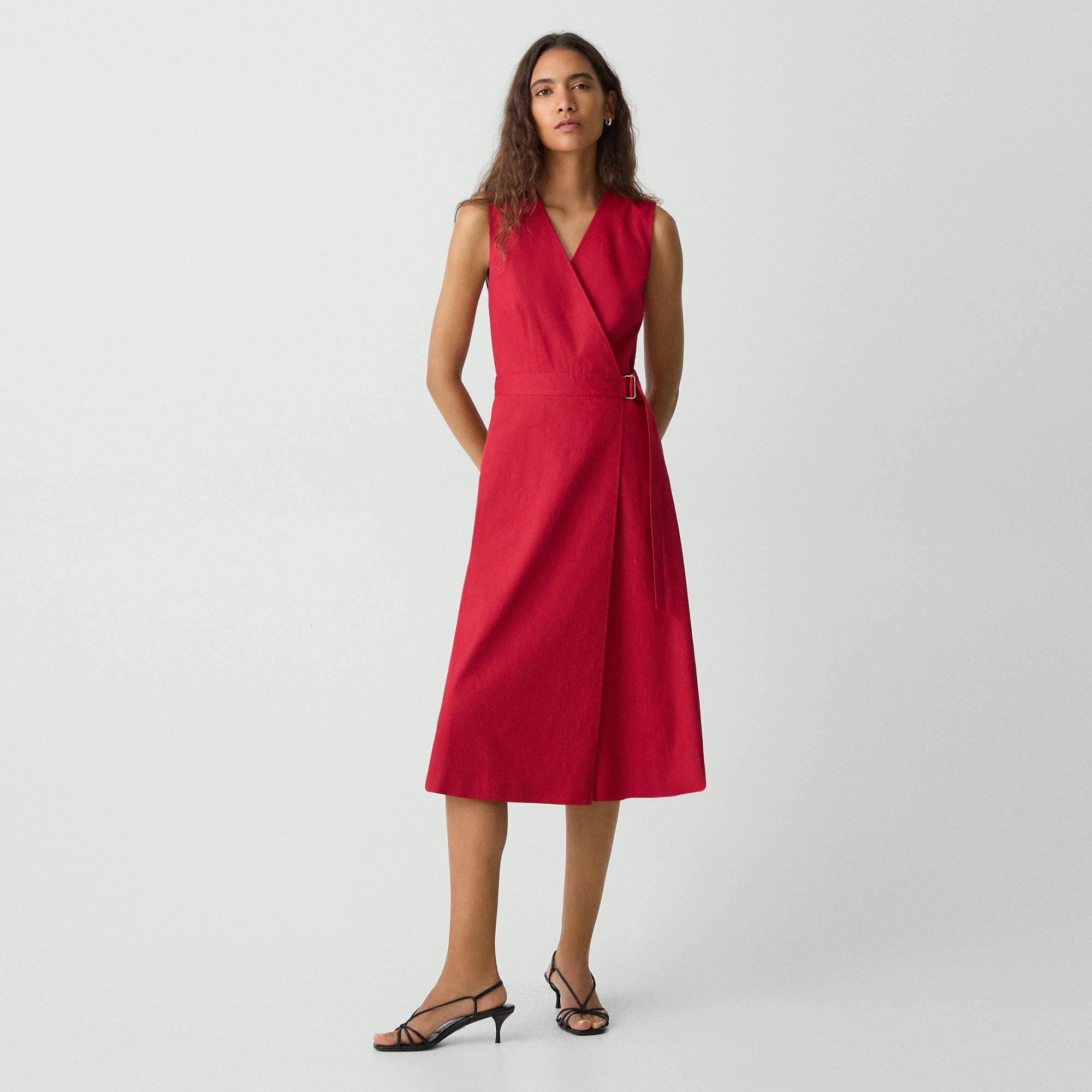 Theory Sleeveless A-line Wrap Dress In Good Linen In Cherry