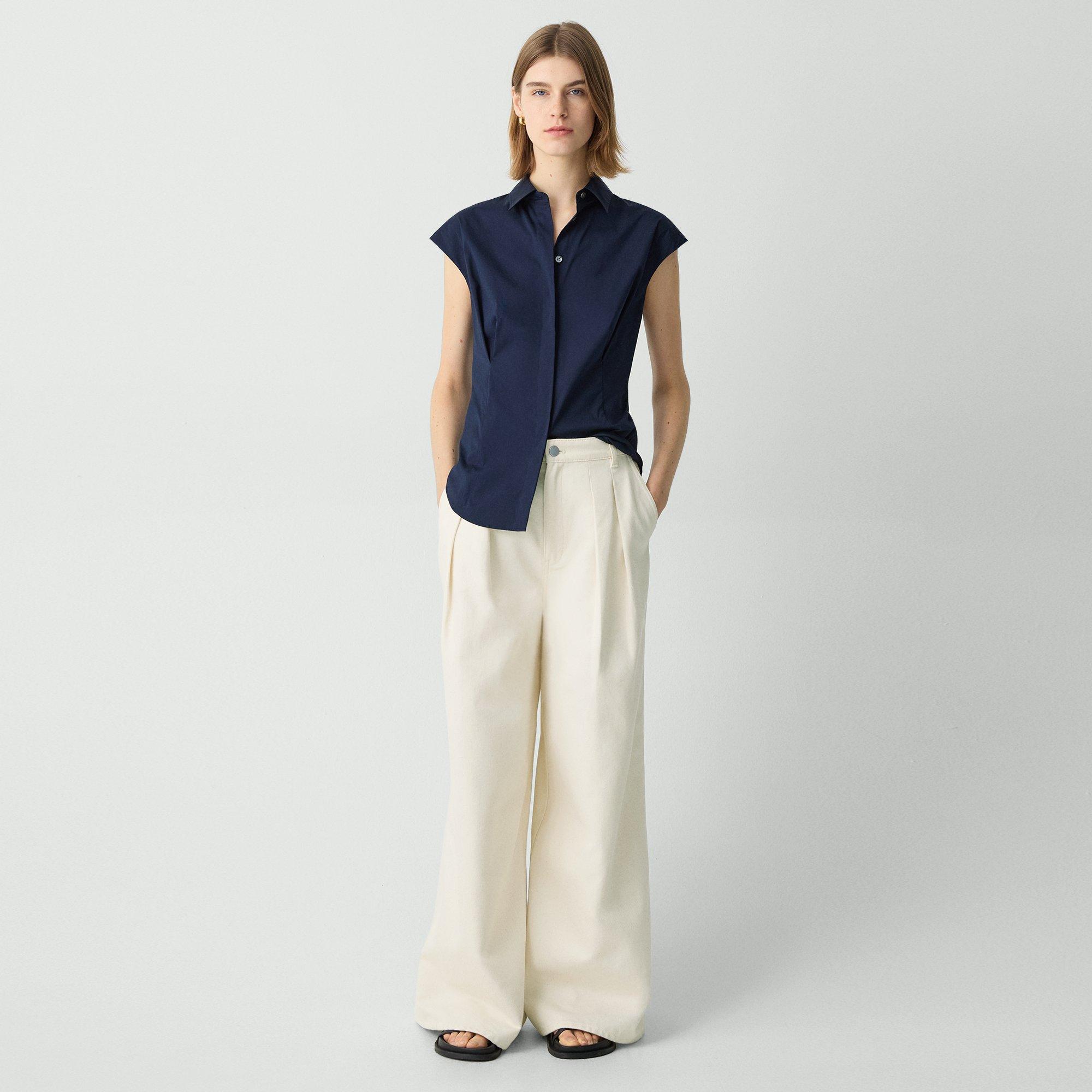 Theory Wide-leg Double Pleat Pant In Denim In Ecru