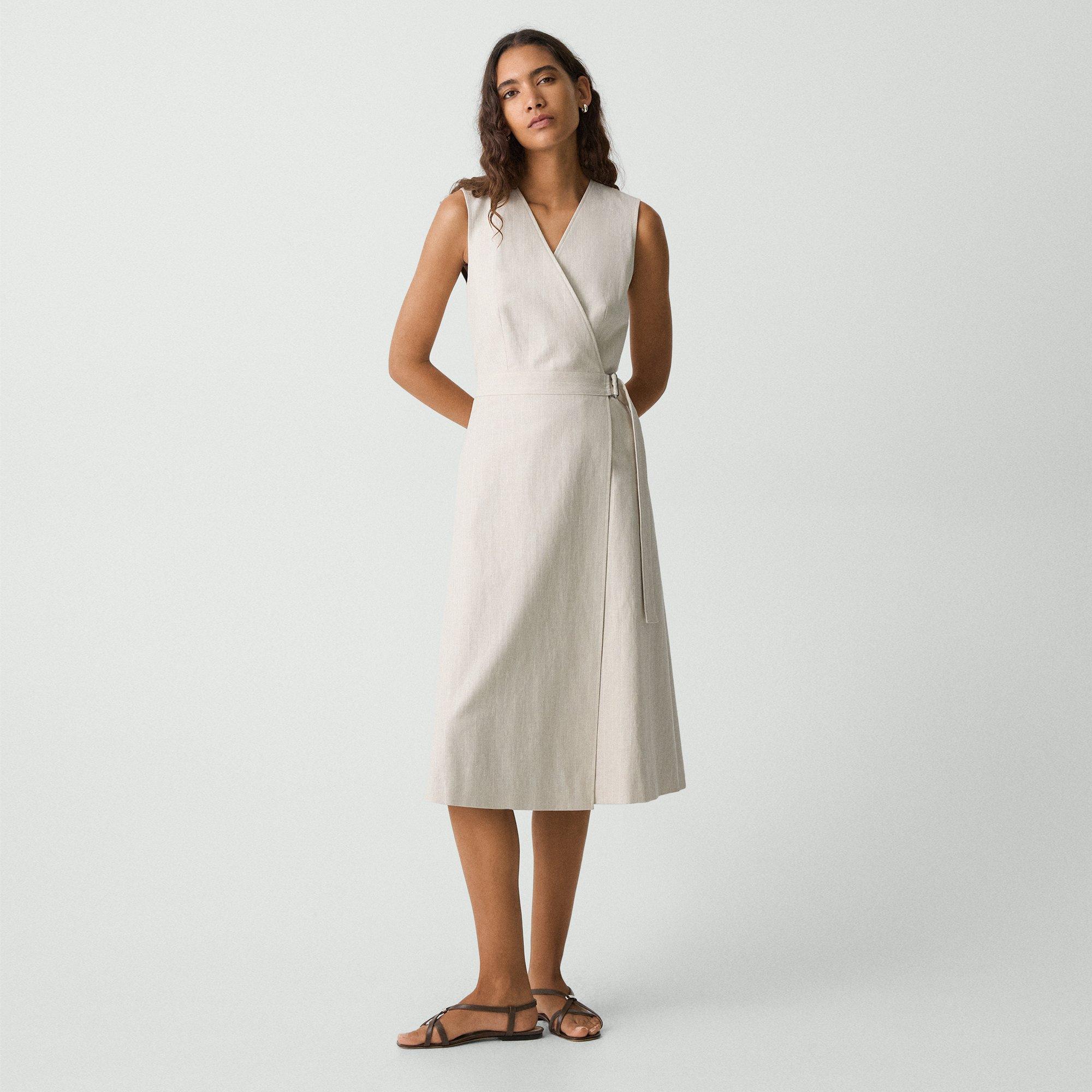 THEORY SLEEVELESS A-LINE WRAP DRESS IN STRIPED CANVAS 