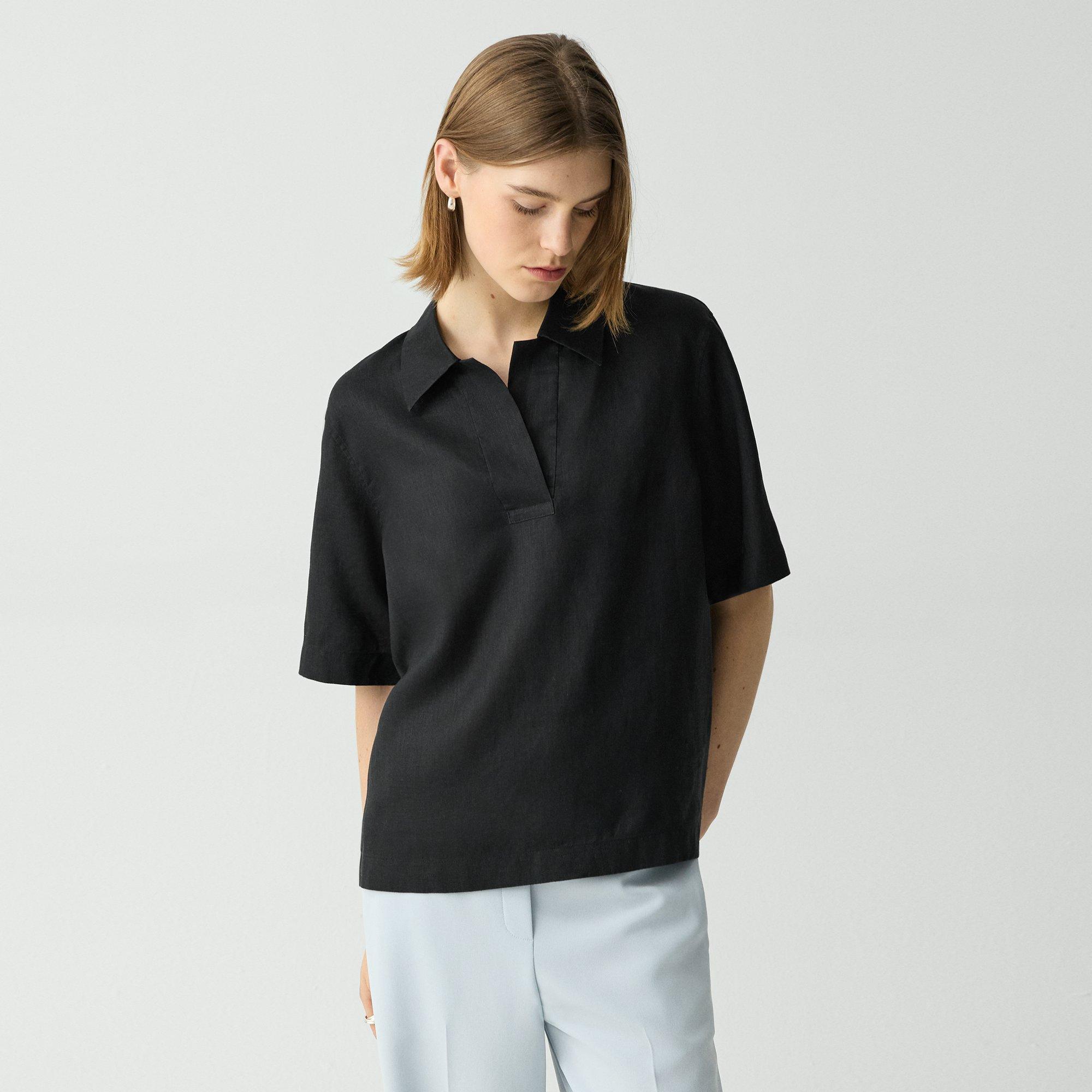 Theory Oversized Polo Shirt In Silk Georgette In Black