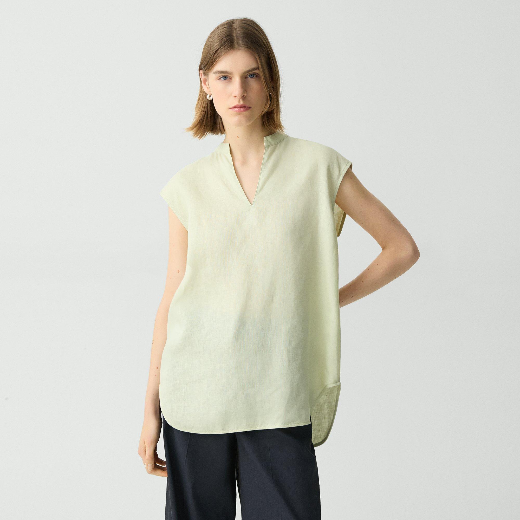 Theory Boxy Tunic Top In Relaxed Linen In Aloe