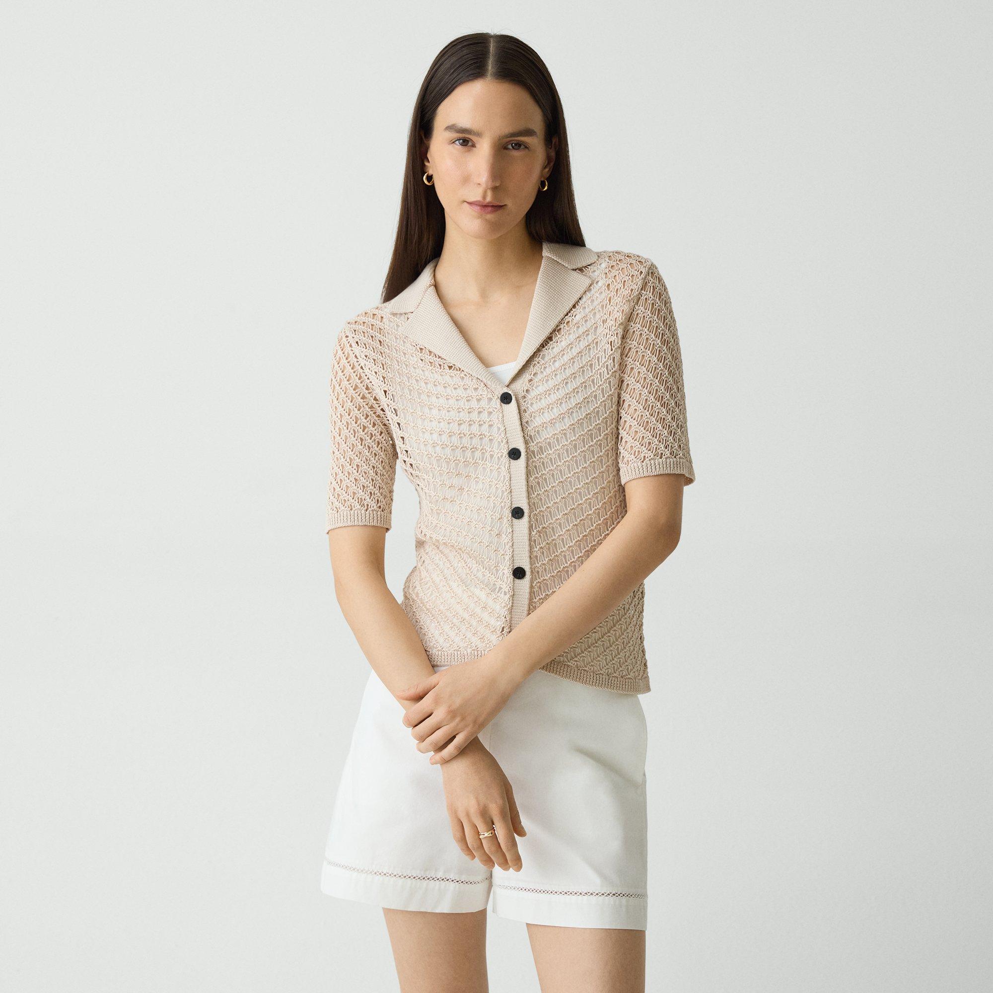 Theory Short-sleeve Camp Shirt In Sheen Cotton In Neutral
