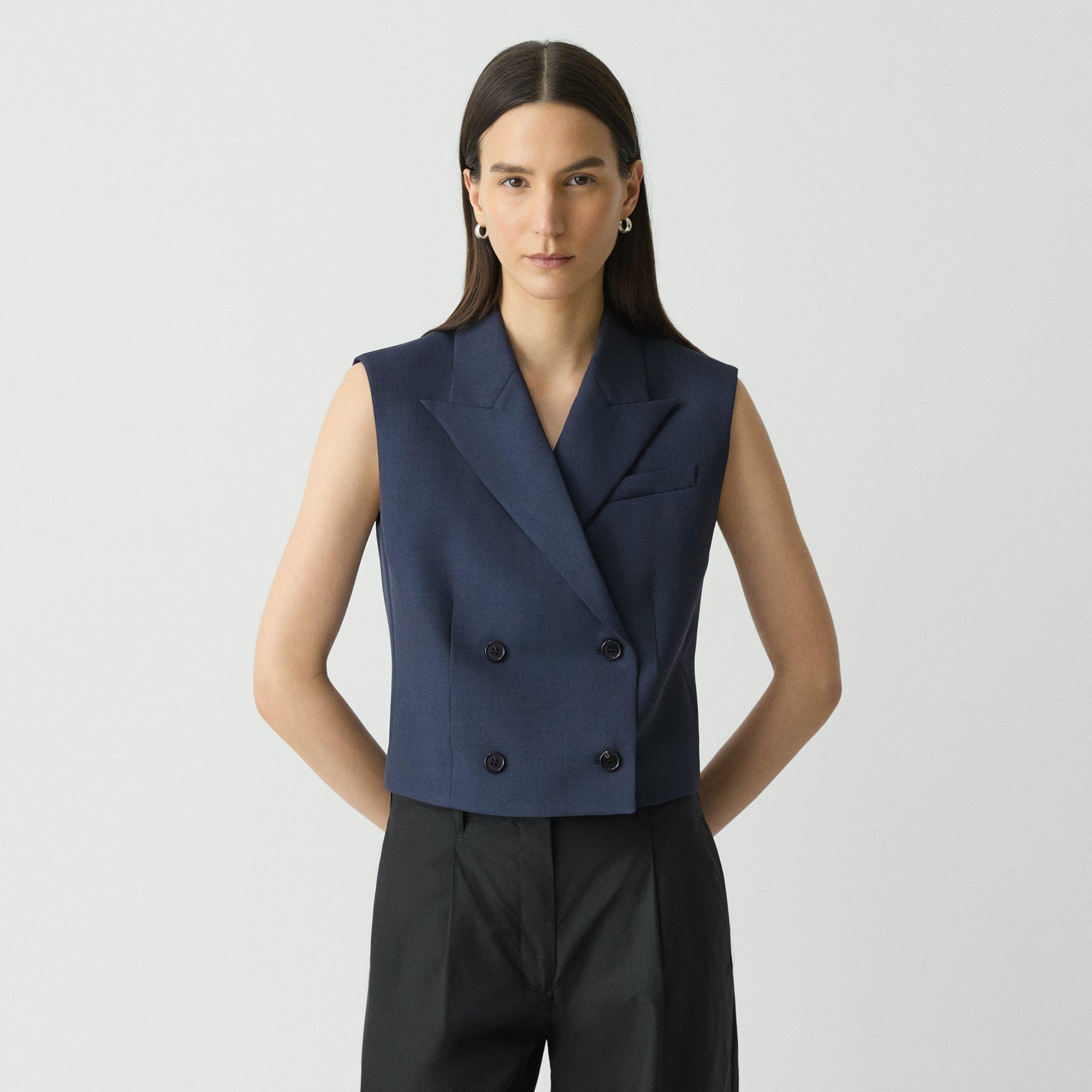Theory Double-breasted Vest In City Twill In Nocturne Navy