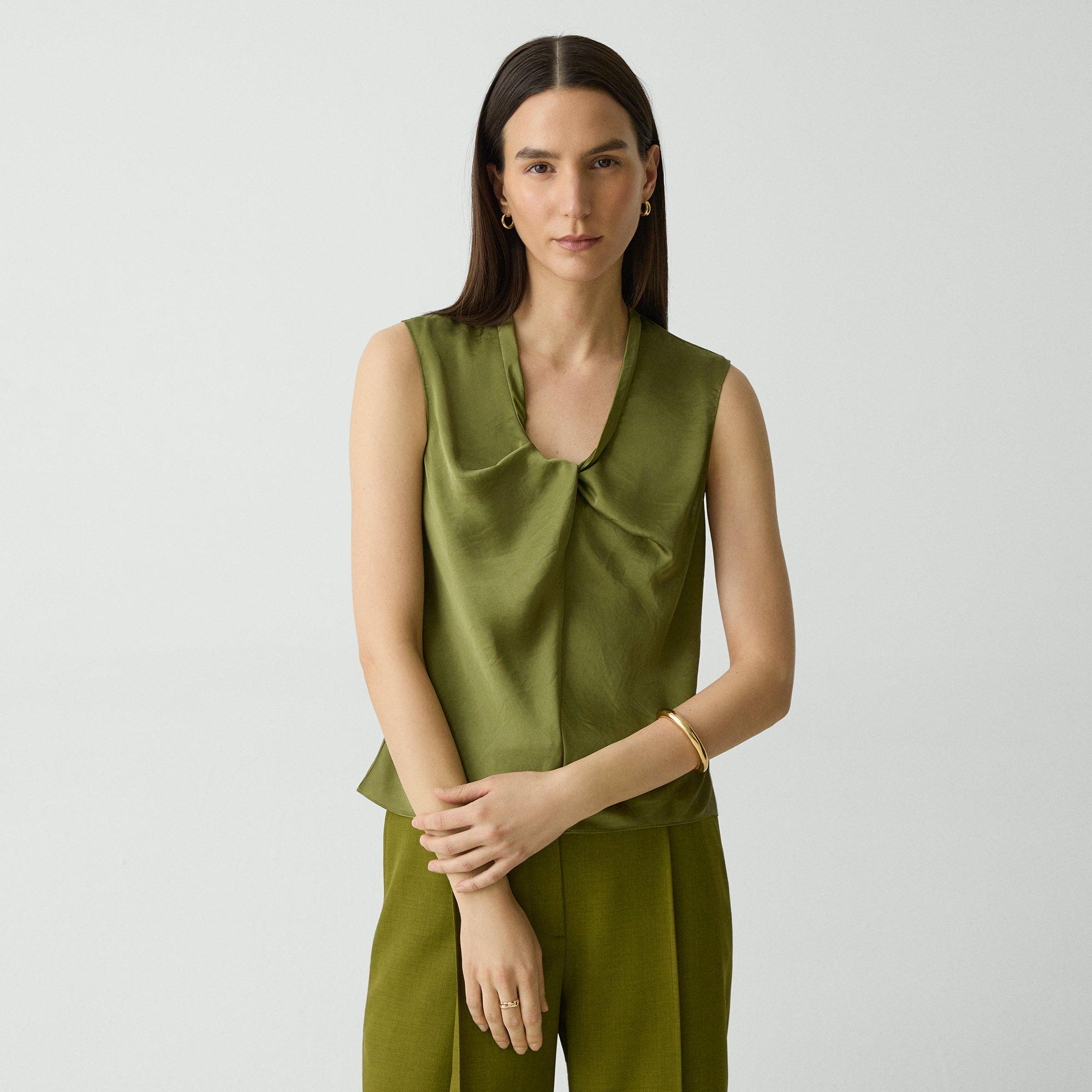 Theory Twist Neck Blouse In Crushed Satin In Green