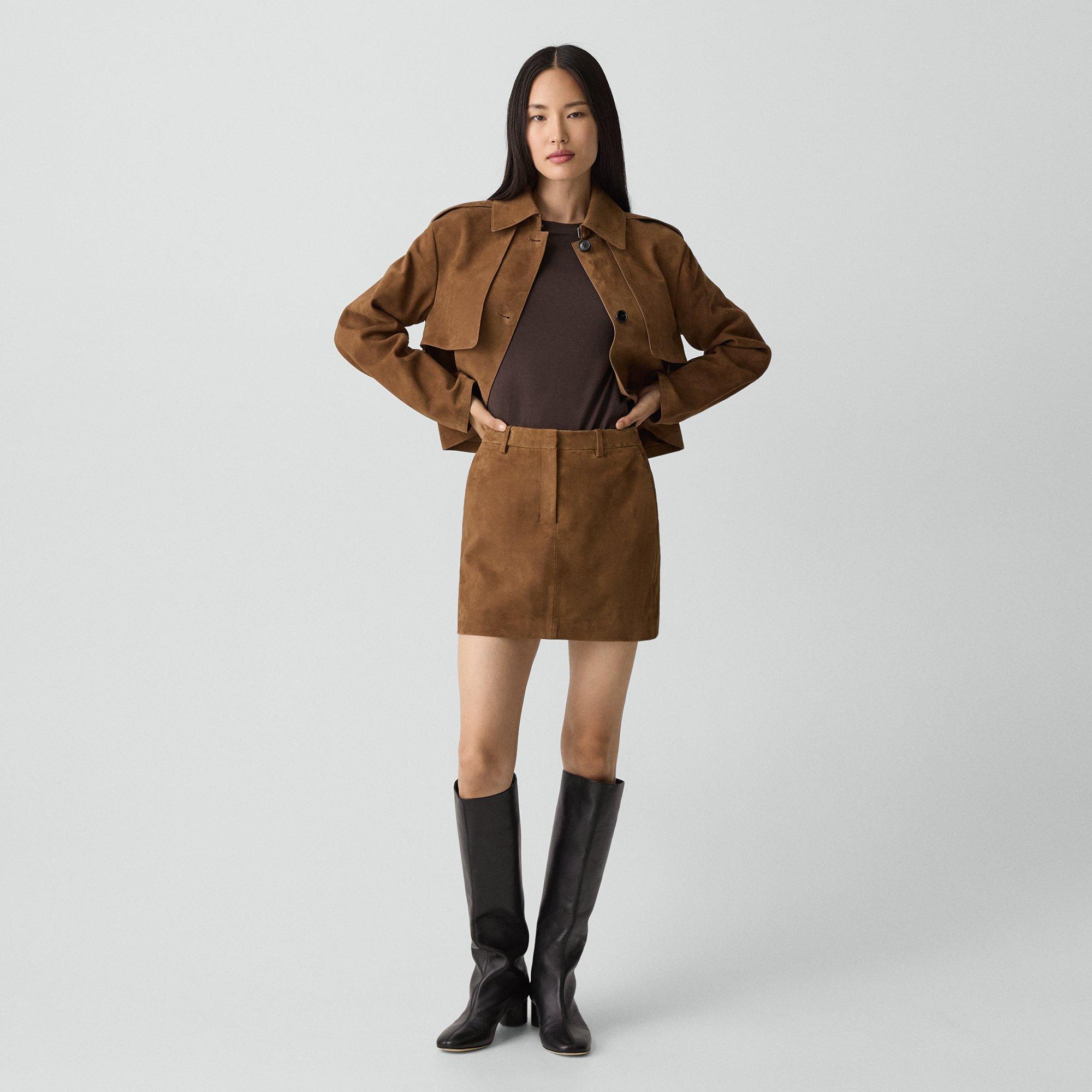 Theory Mini Trouser Skirt In Suede In Brown
