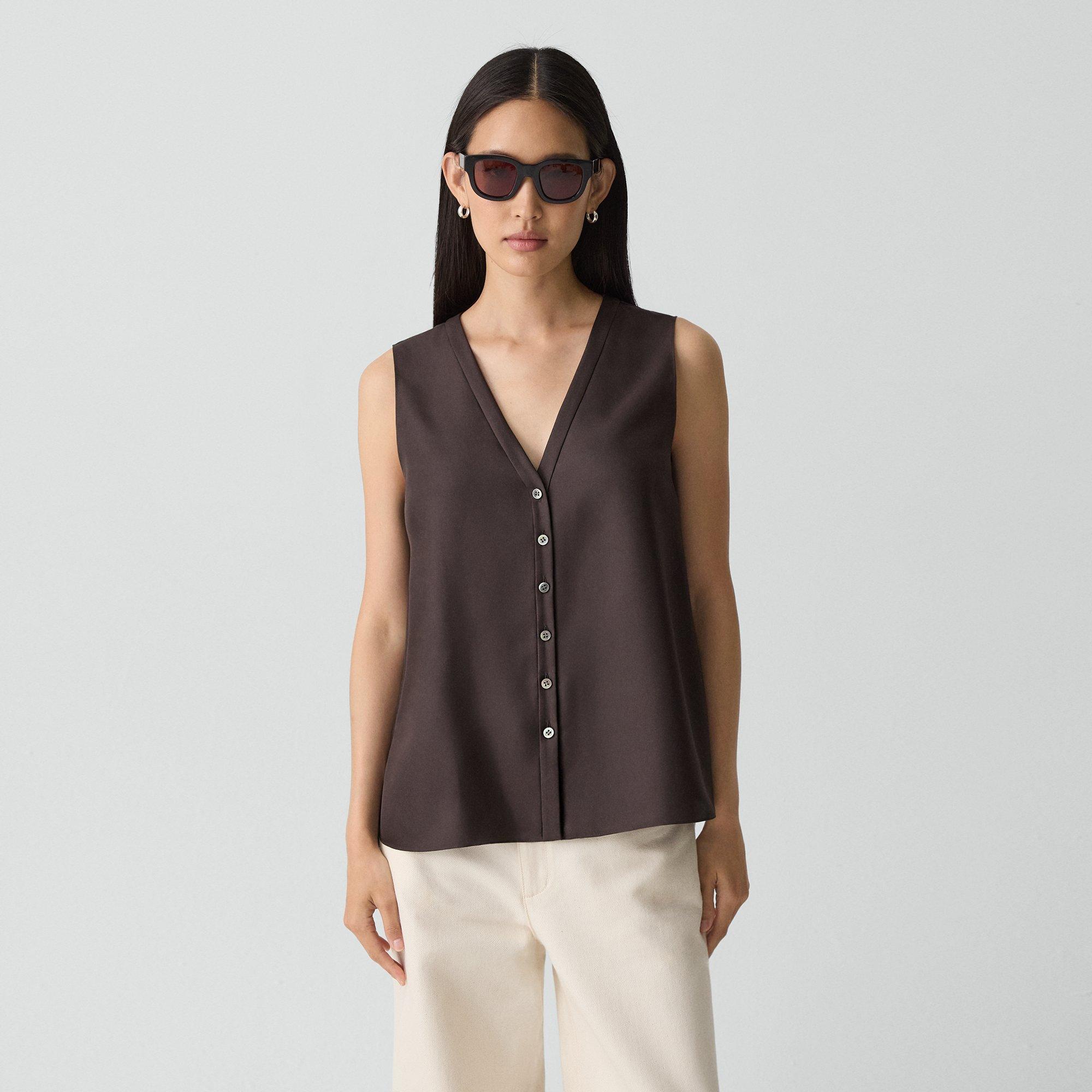 Theory Sleeveless Button-down Blouse In Mod Silk Twill In Brown