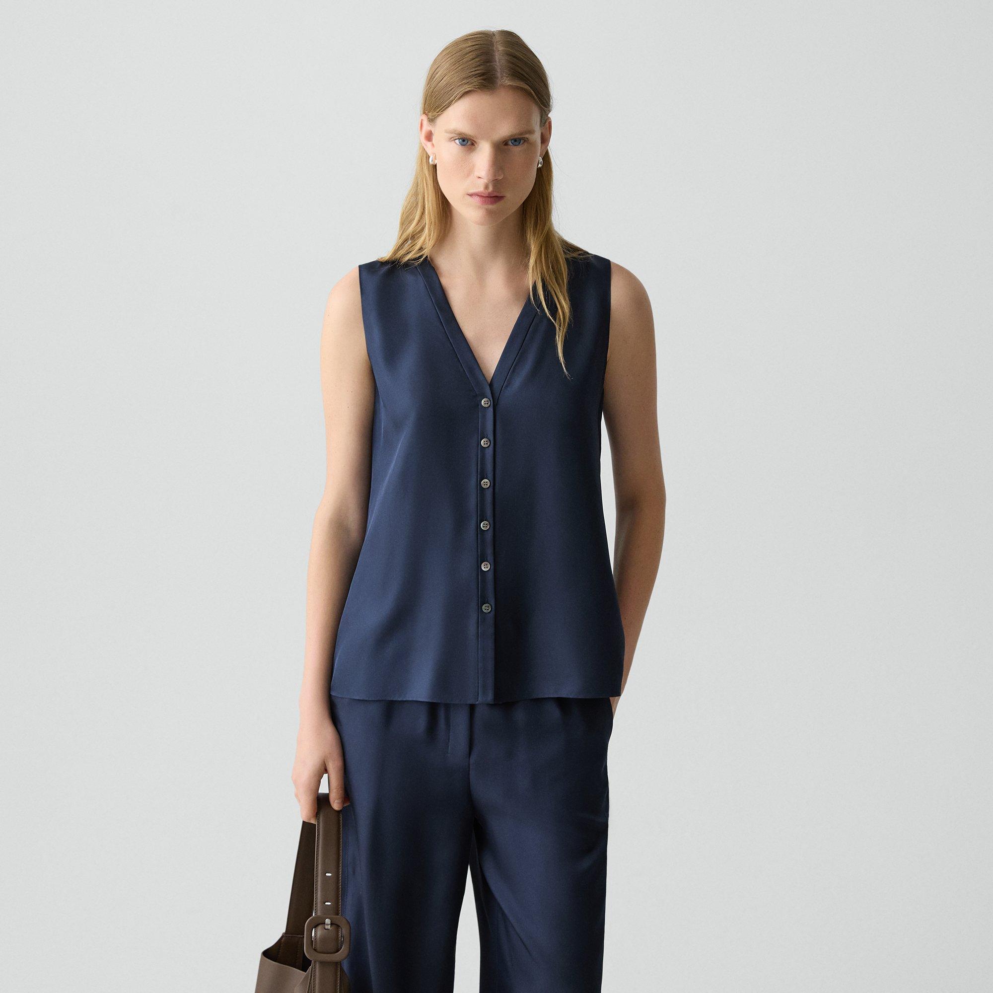 Theory Sleeveless Button-down Blouse In Mod Silk Twill In Blue