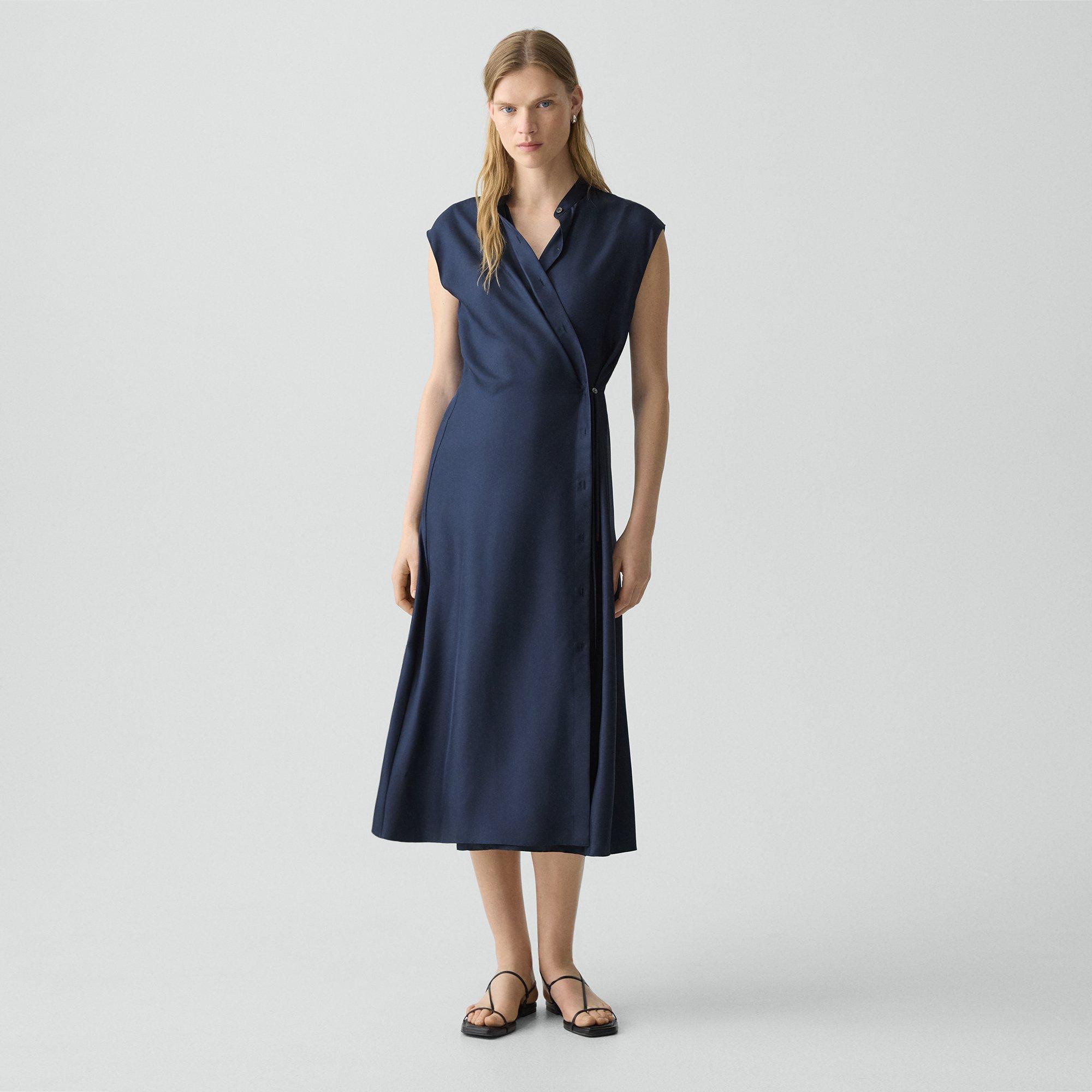 Theory Convertible Wrap Dress In Mod Silk Twill In Blue