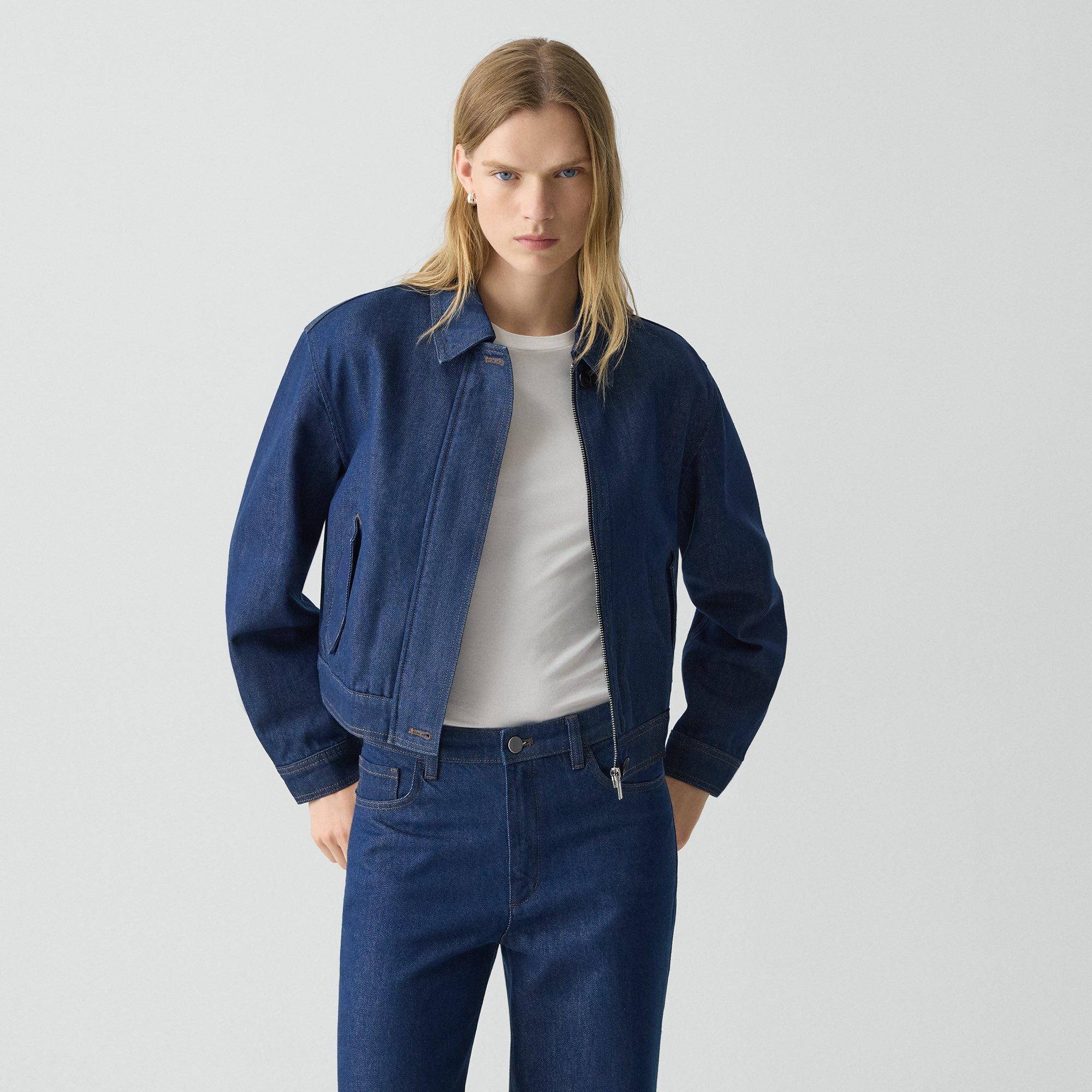 Theory Cropped Track Jacket In Relaxed Denim In Blue