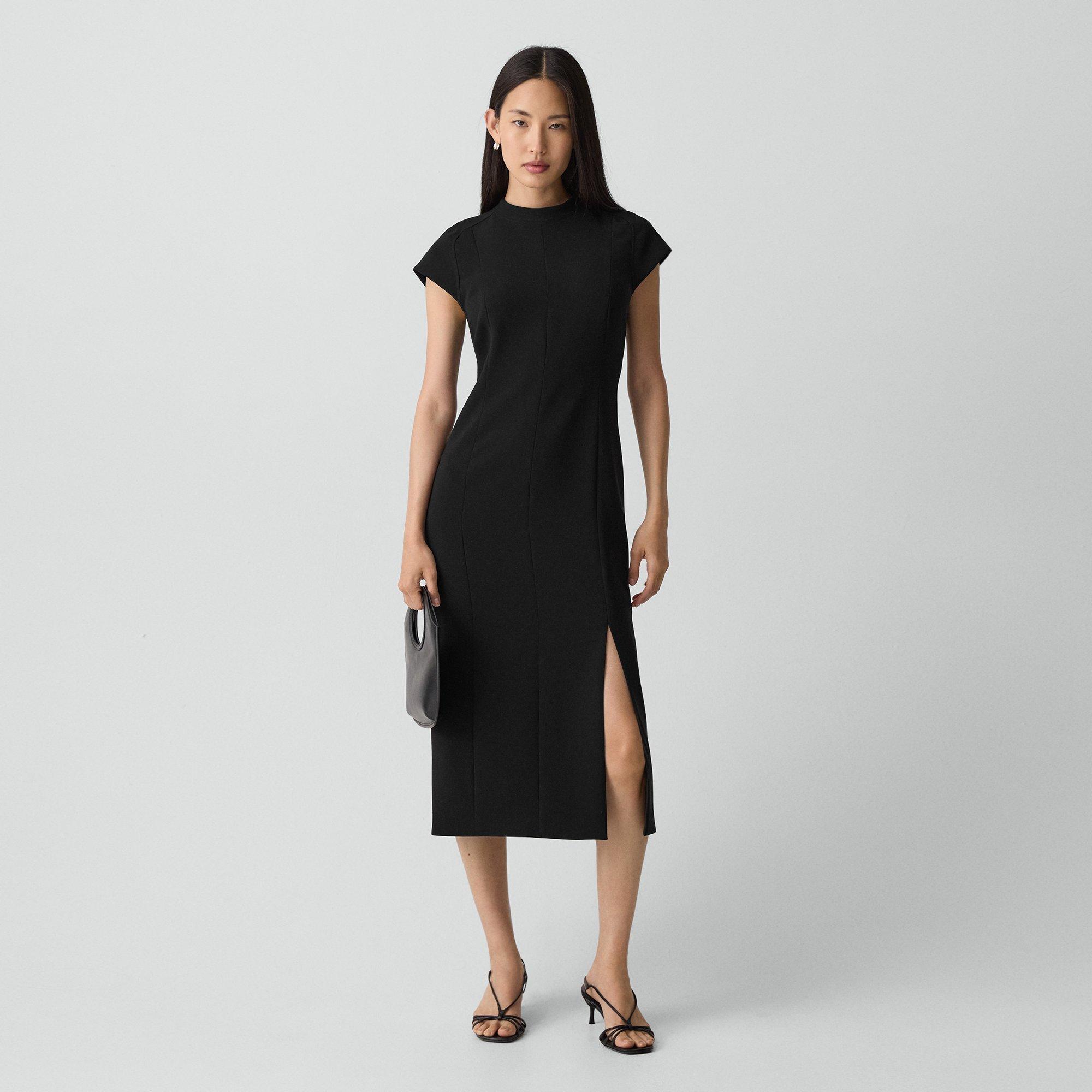 Theory Short-sleeve Midi Dress In Admiral Crepe In Black