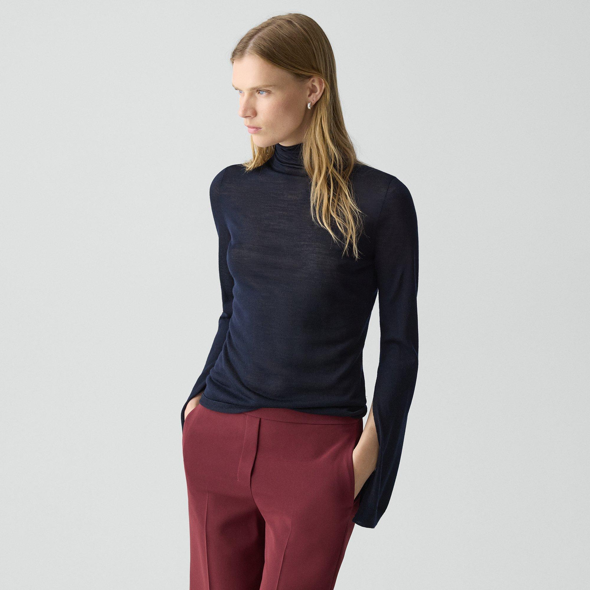Theory Slit Sleeve Turtleneck Sweater In Wool-viscose In Blue