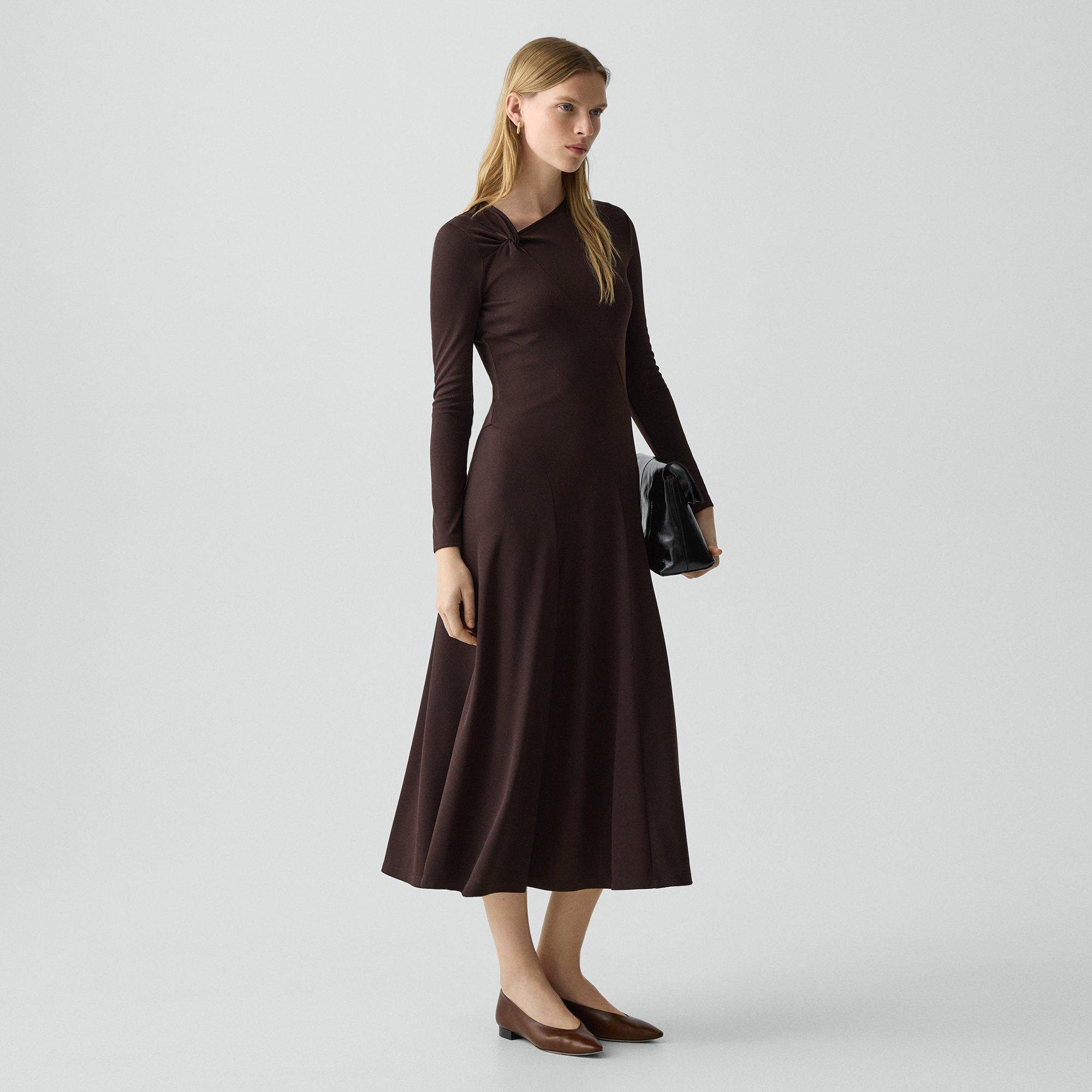 Theory Twist Neck Midi Dress In Crepe Jersey In Brown