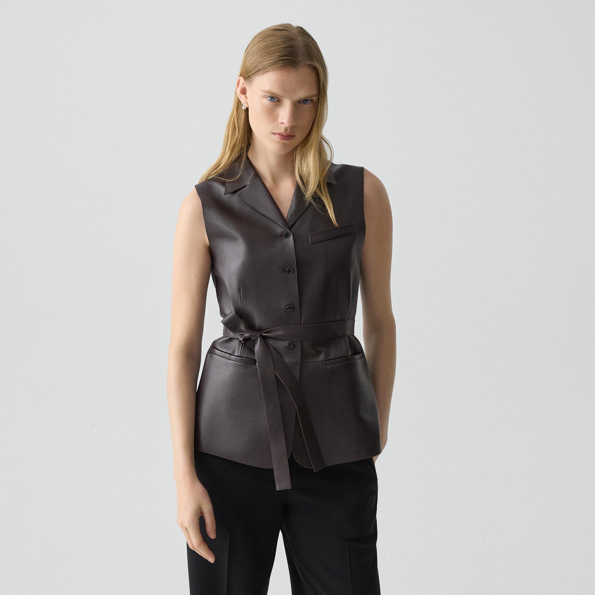Theory Tie Waist Vest In Sleek Leather In Gold
