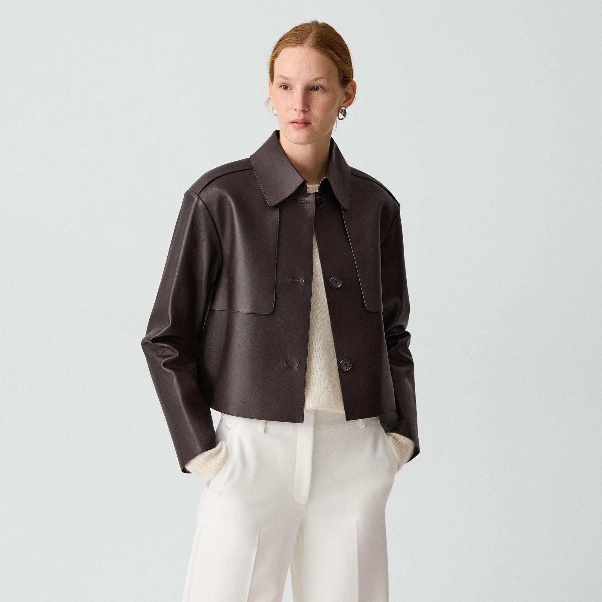Theory Cropped Trench In Sleek Leather In Brown