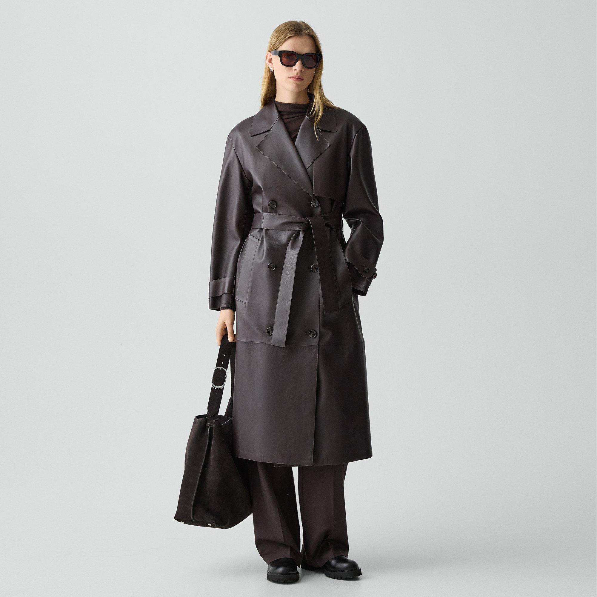 Theory Oversized Double-breasted Trench Coat In Sleek Leather In Brown