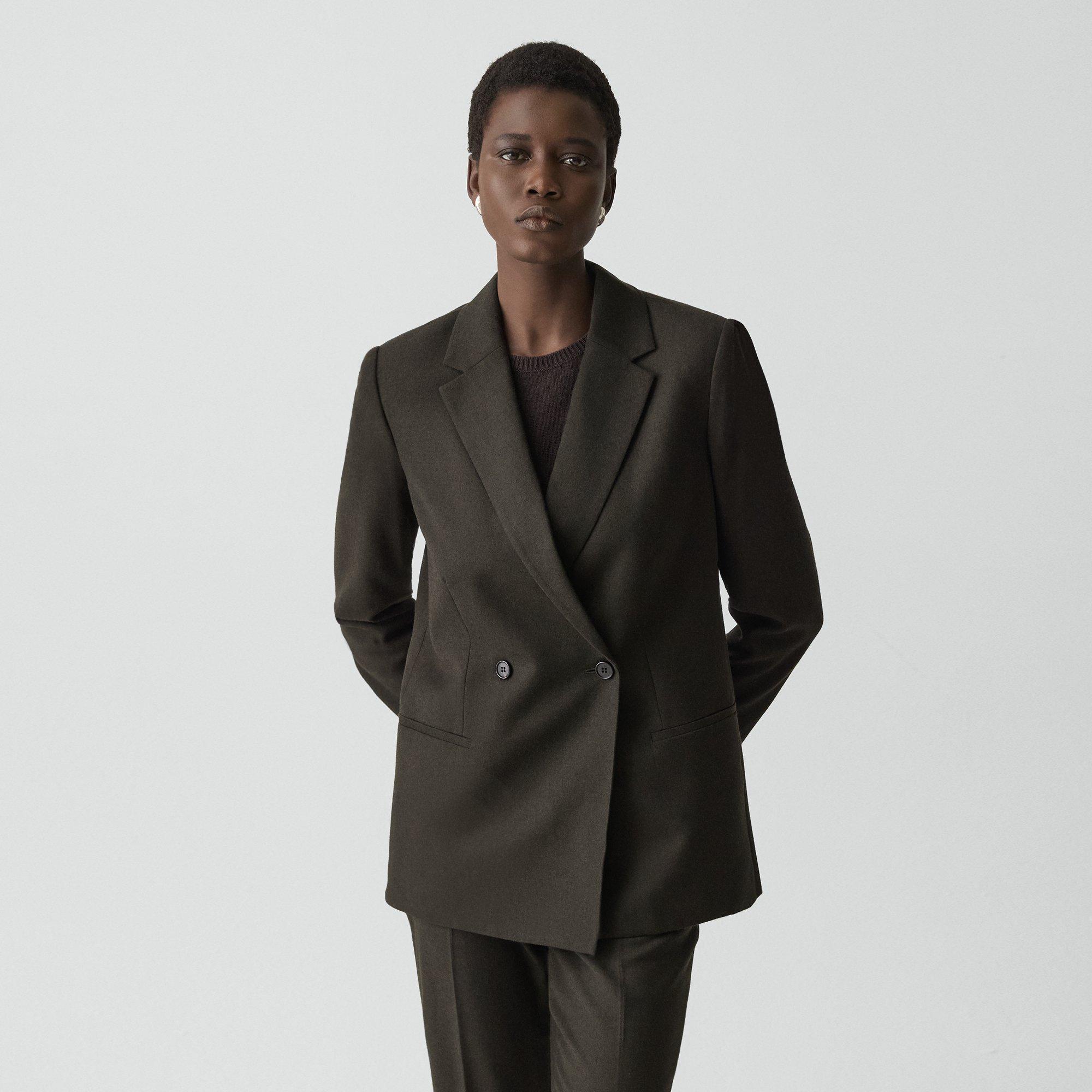 Theory Relaxed Double-breasted Blazer In Sleek Flannel In Brown
