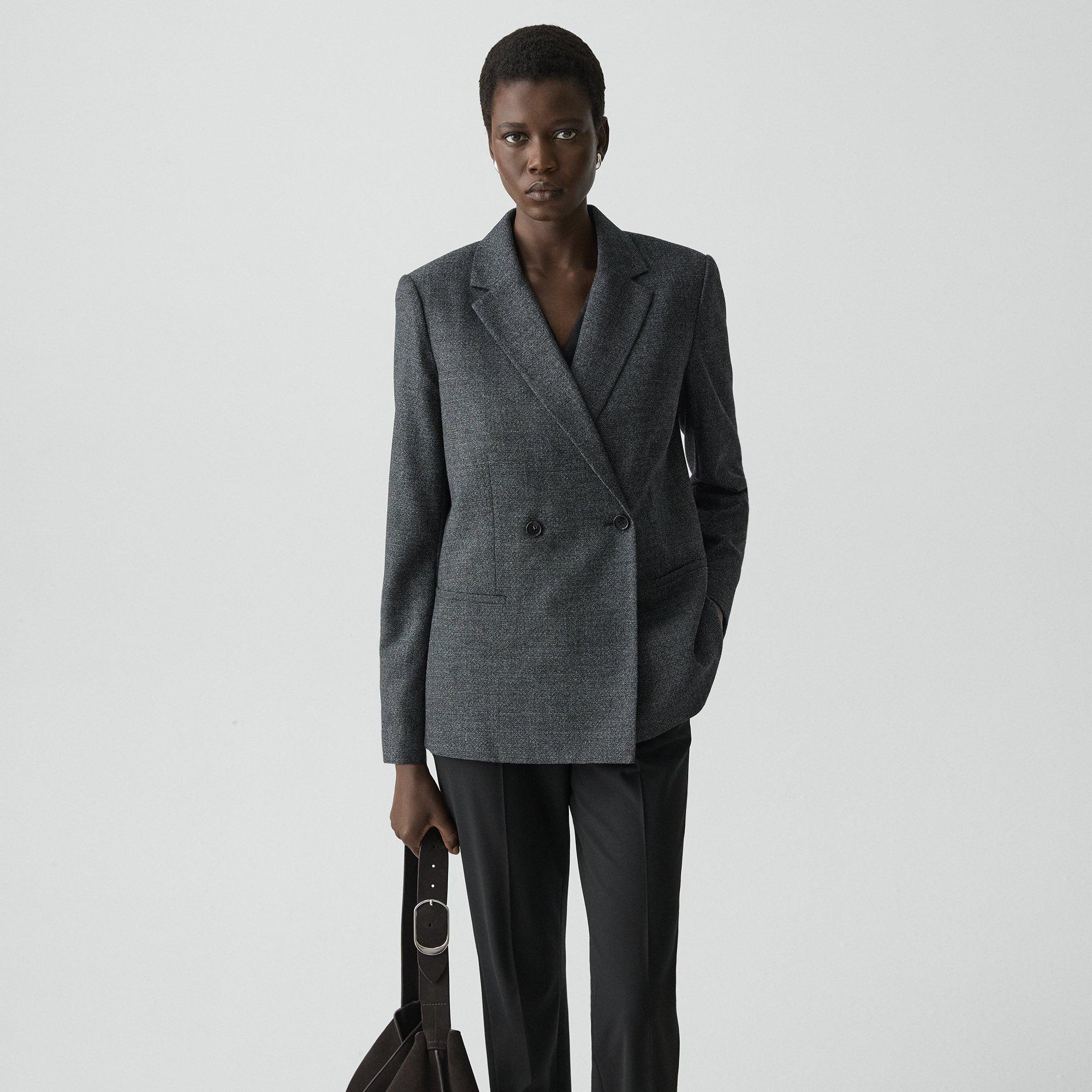 Theory Relaxed Double-breasted Blazer In Marled Flannel In Gray