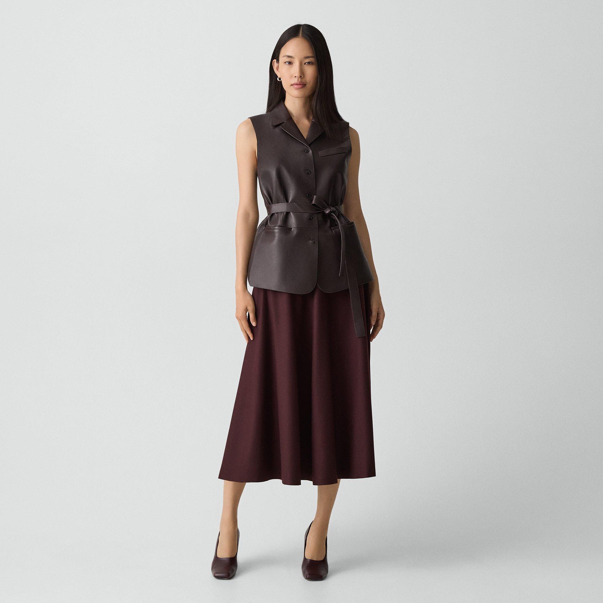 Theory Flared Midi Skirt In Sleek Flannel In Gold