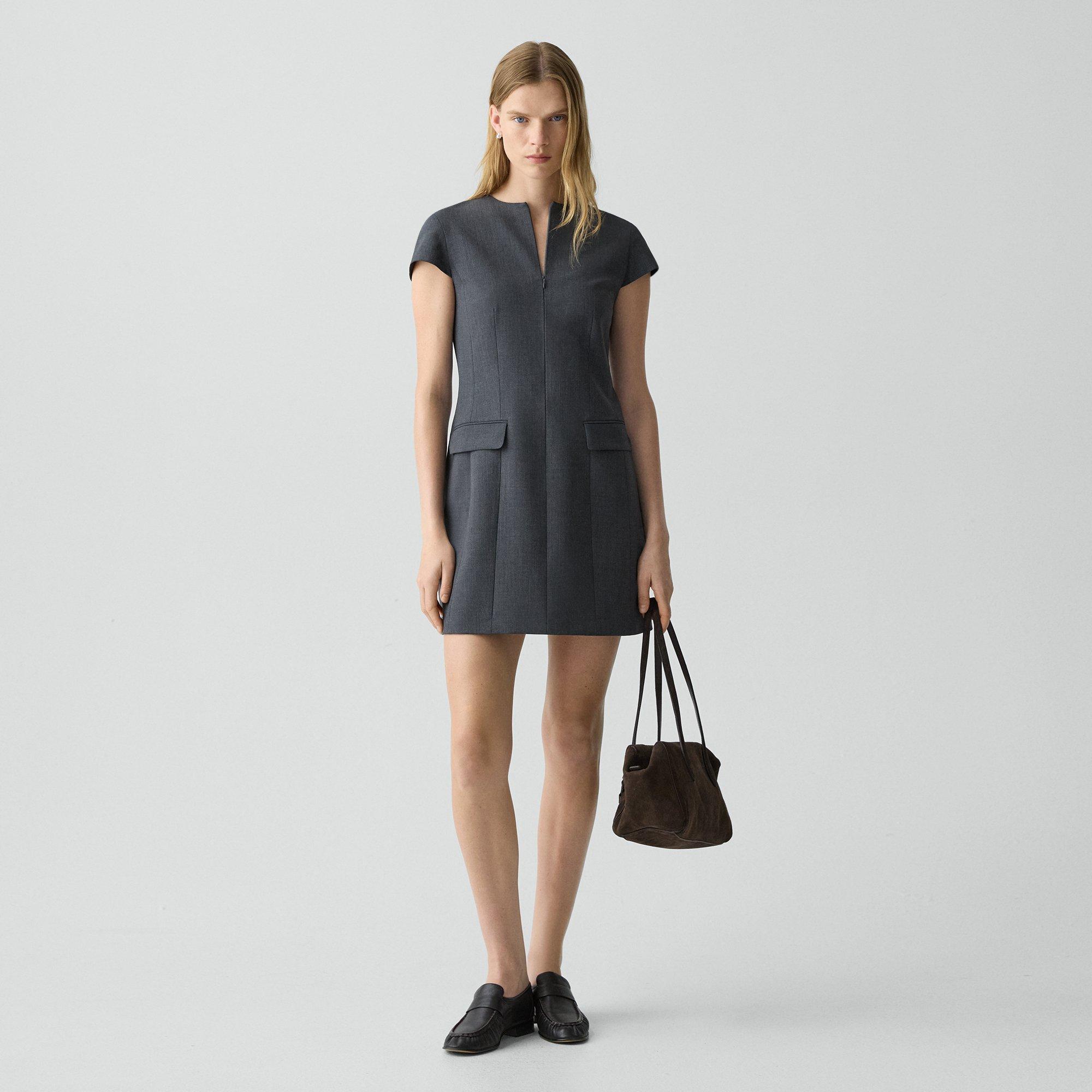 Theory Zip Mini Dress In Good Wool In Black
