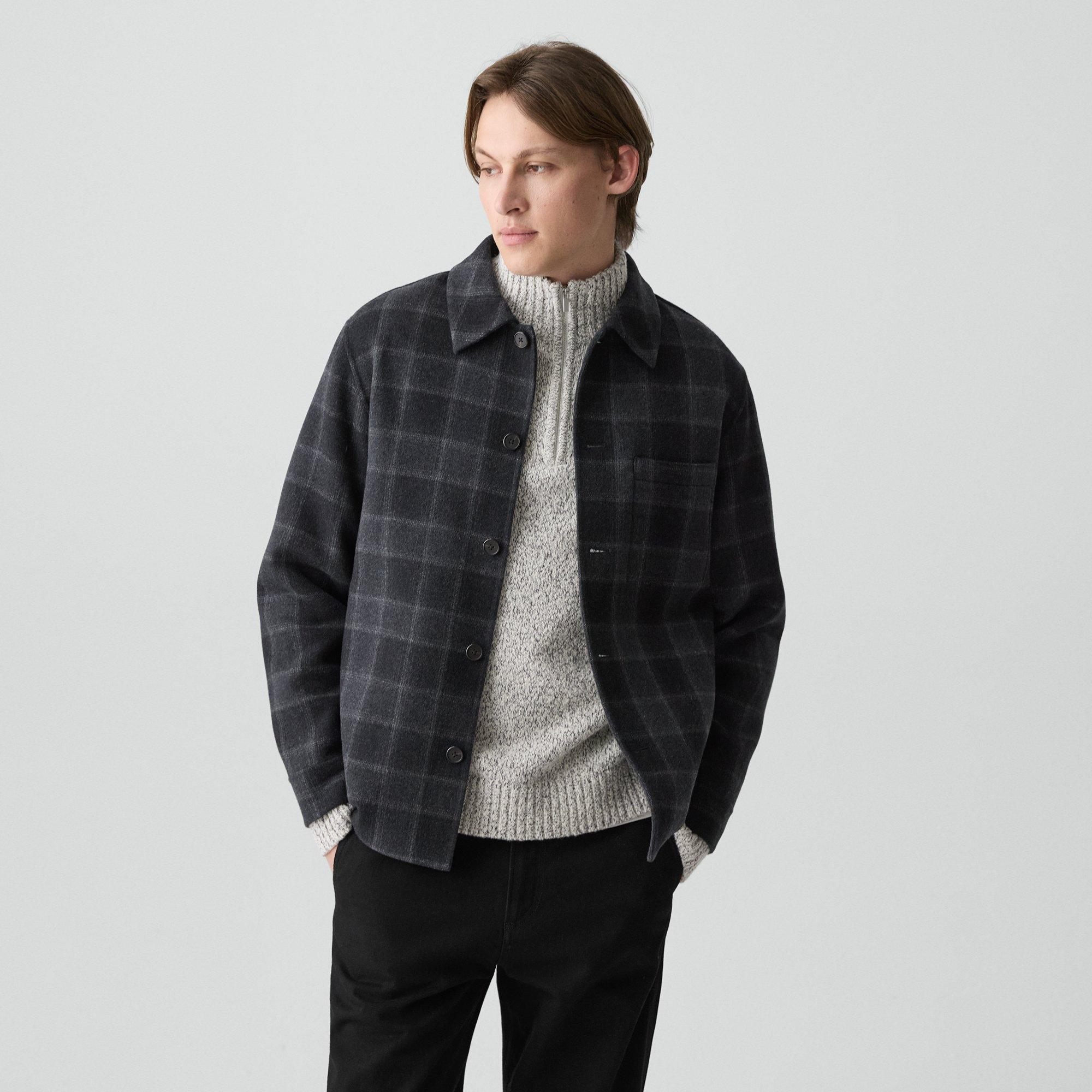 Theory Overshirt In Checked Double-face Wool-cashmere In Gray