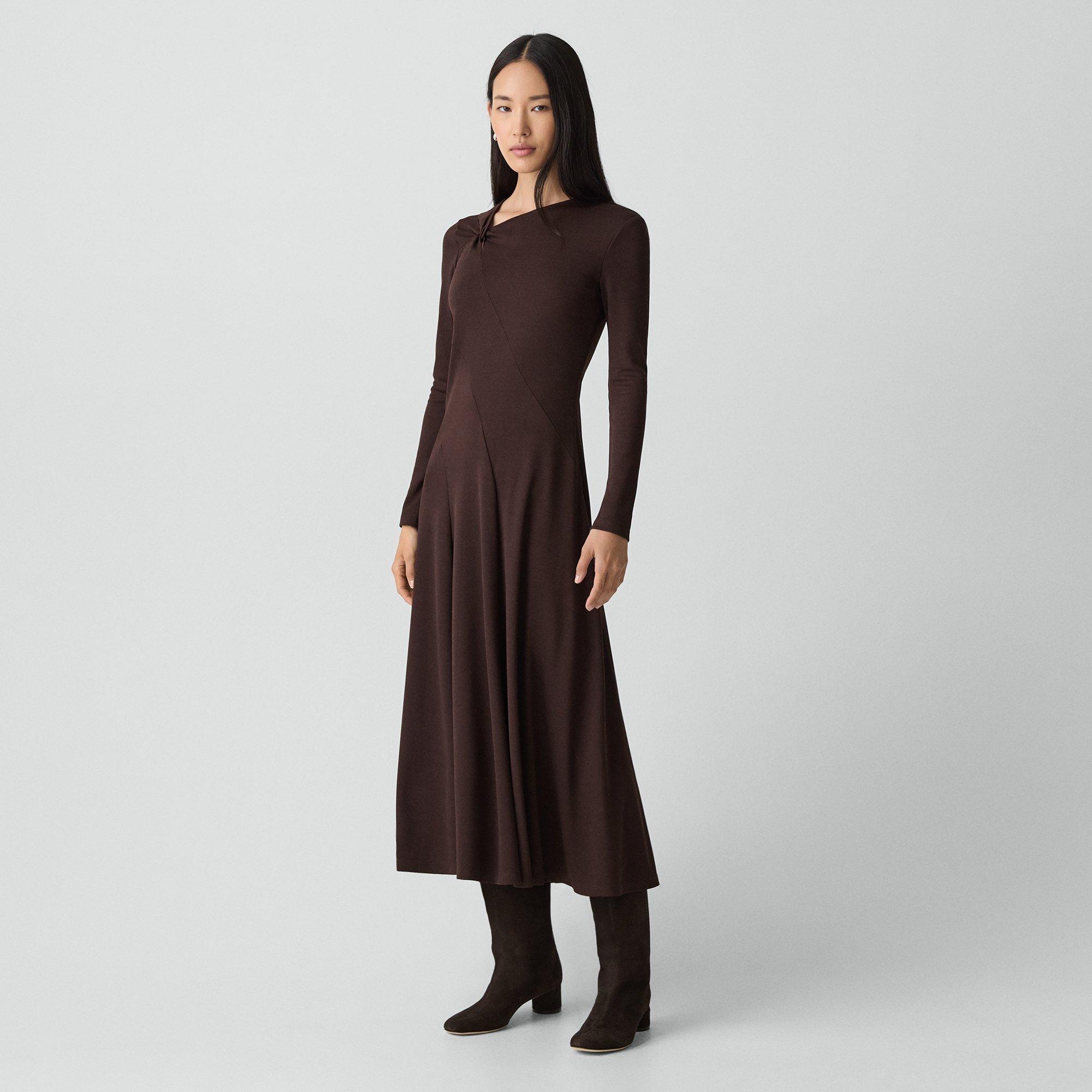 Theory Twist Neck Midi Dress In Crepe Jersey In Brown