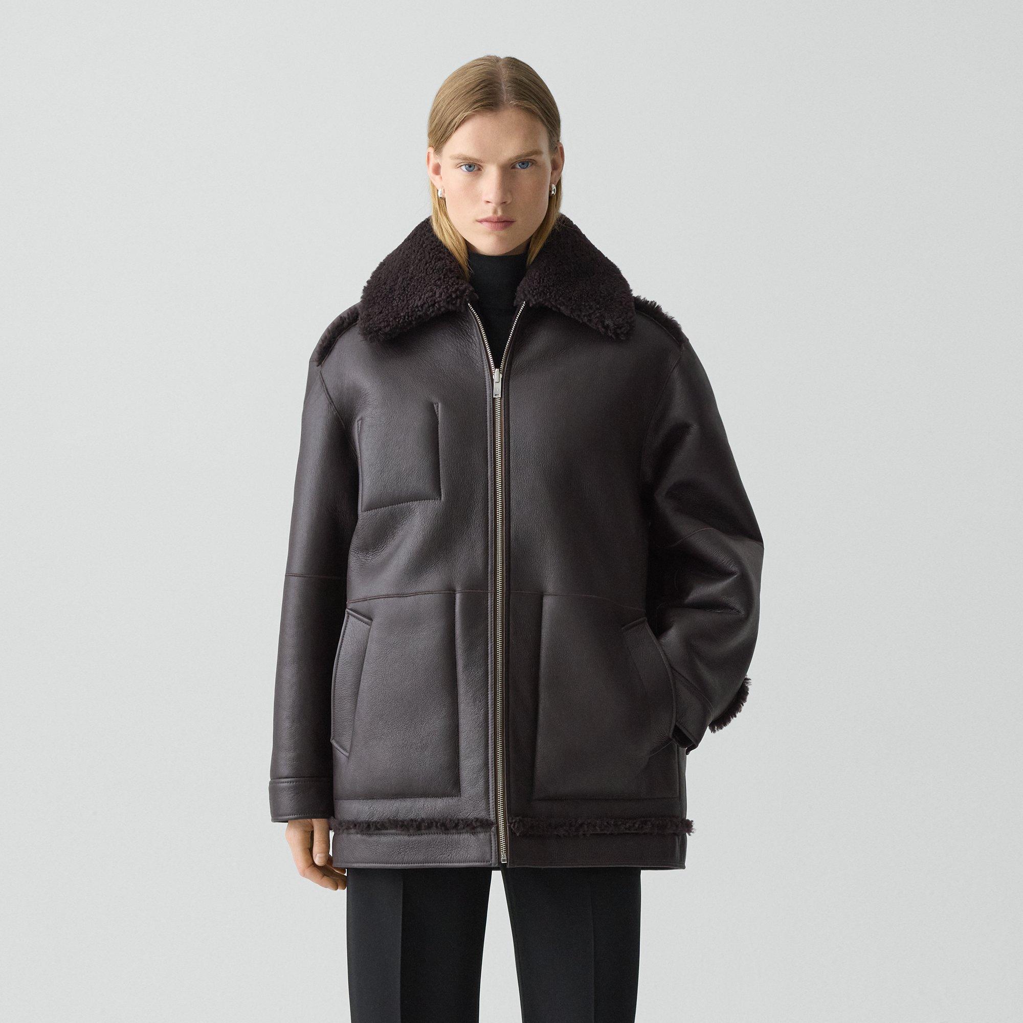 Theory Reversible Cocoon Coat In Shearling In Brown
