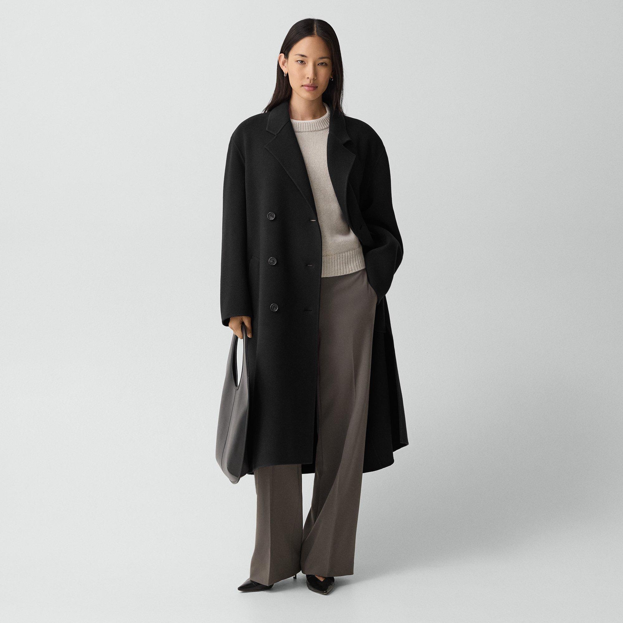 Theory Long Trench Coat In Textured Wool-cashmere In Black