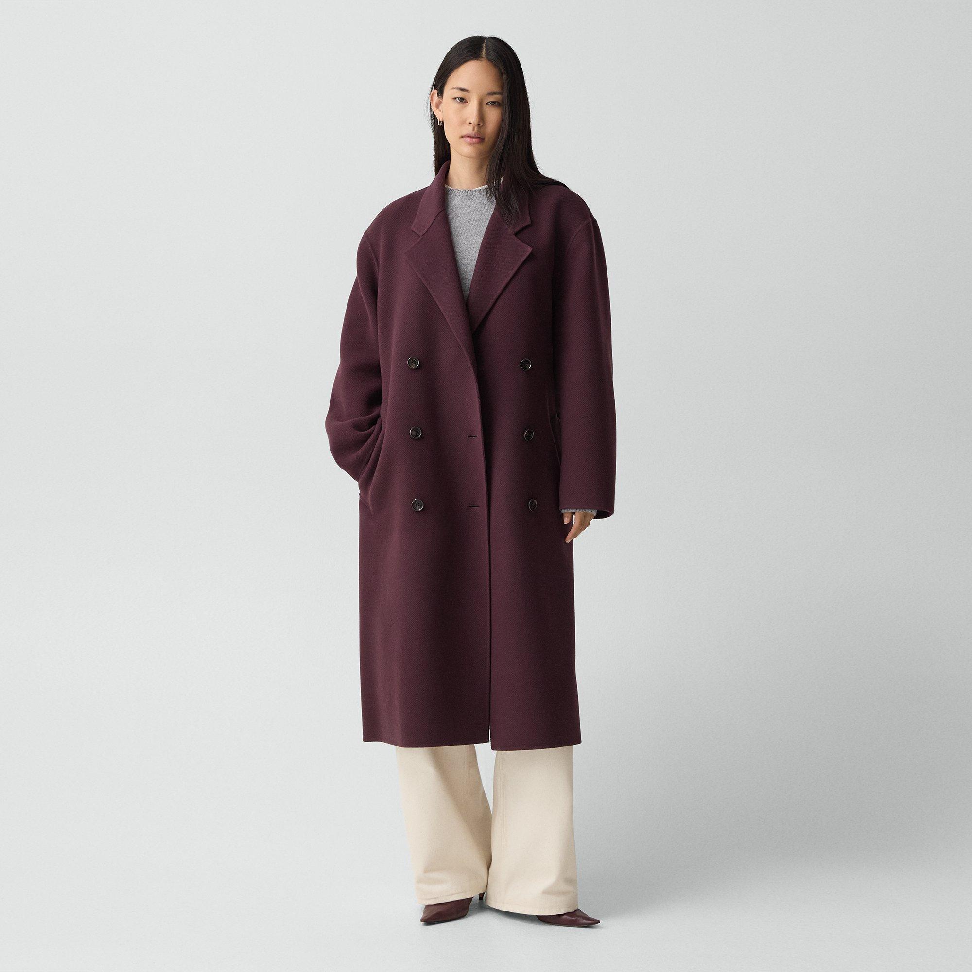 Theory Long Trench Coat In Textured Wool-cashmere In Burgundy