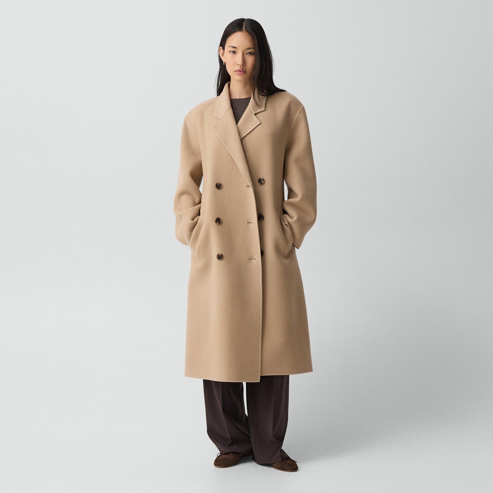 Theory Long Trench Coat In Textured Wool-cashmere In Brown