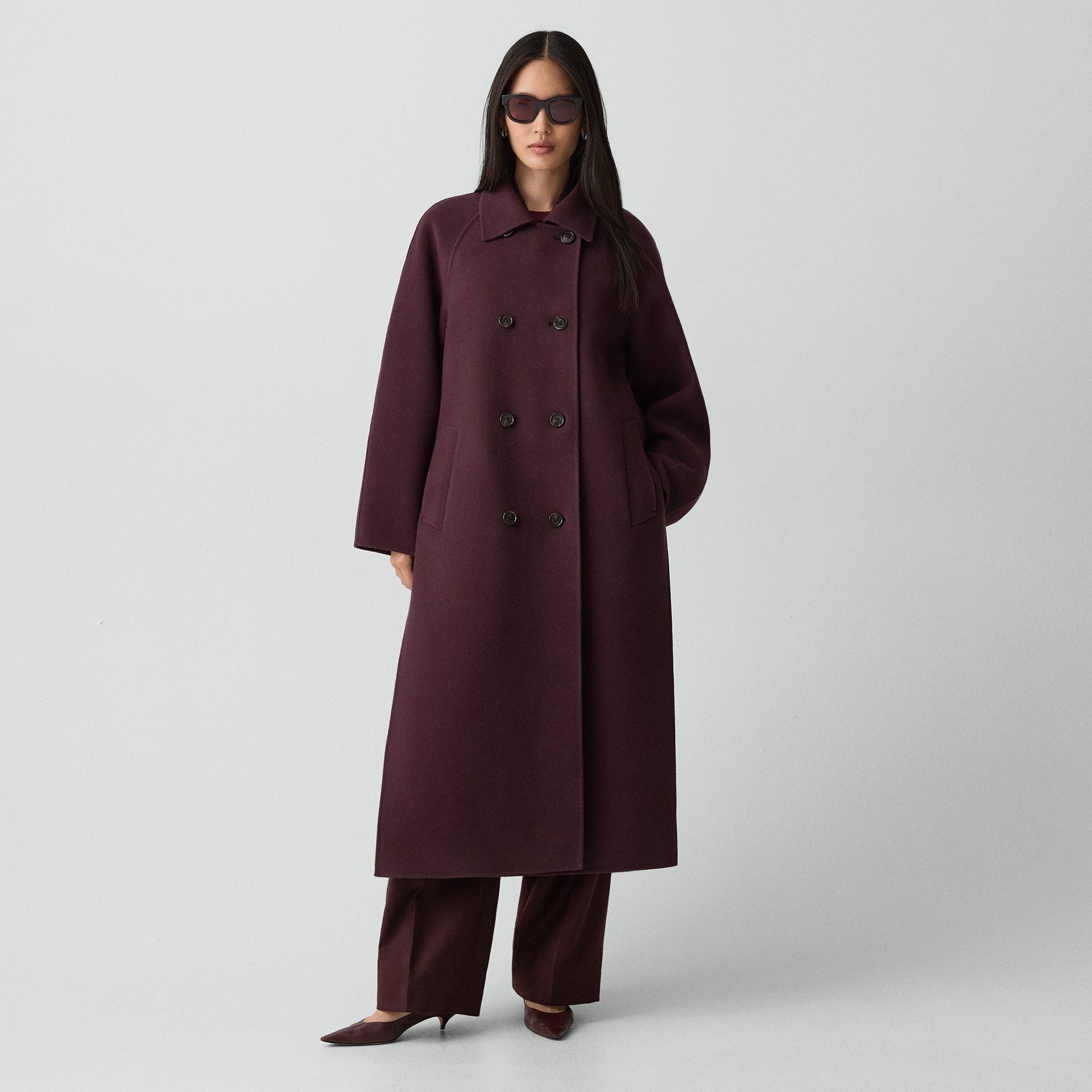 Theory Long Double-breasted Coat In Textured Wool-cashmere In Purple