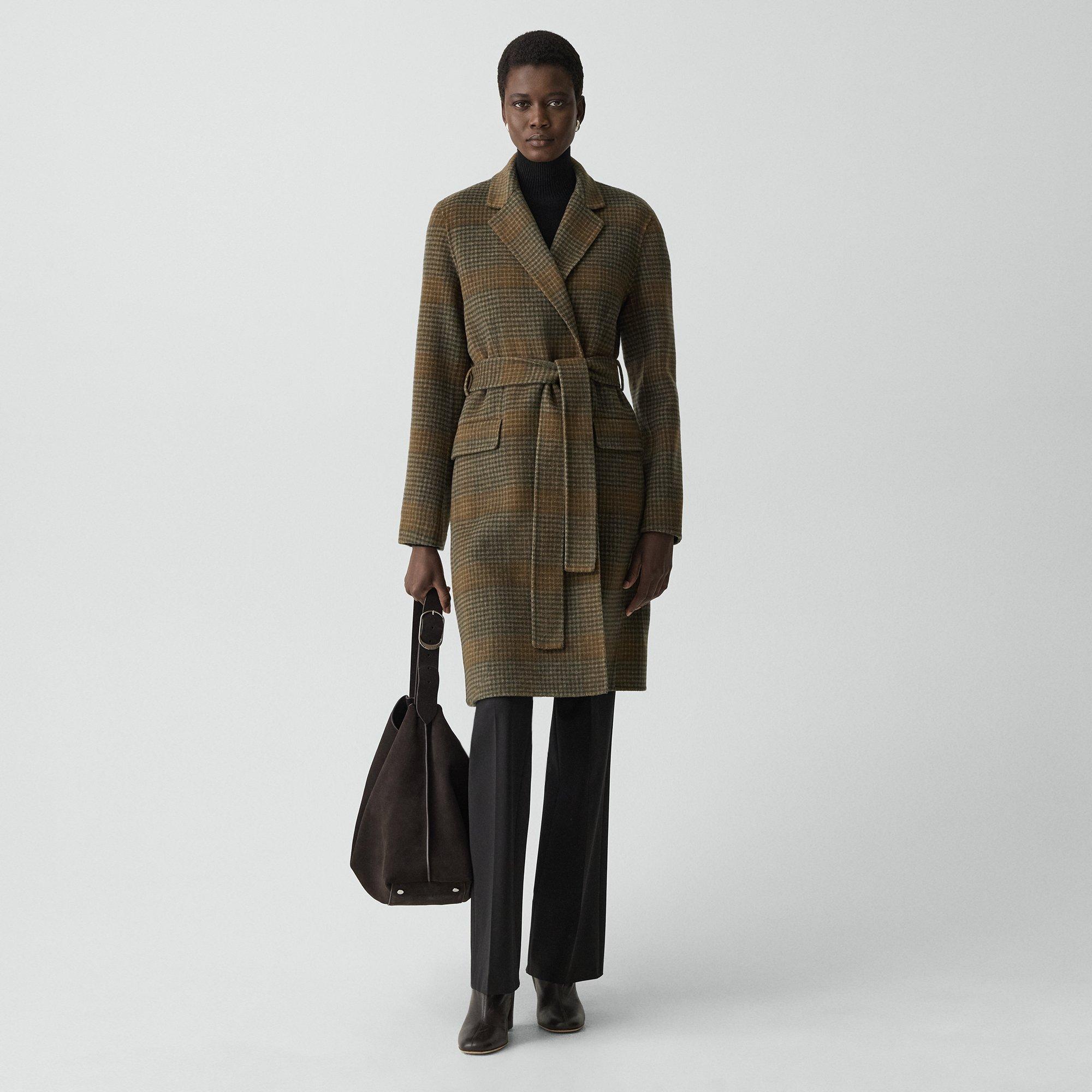 Theory Belted Coat In Plaid Wool-cashmere In Brown