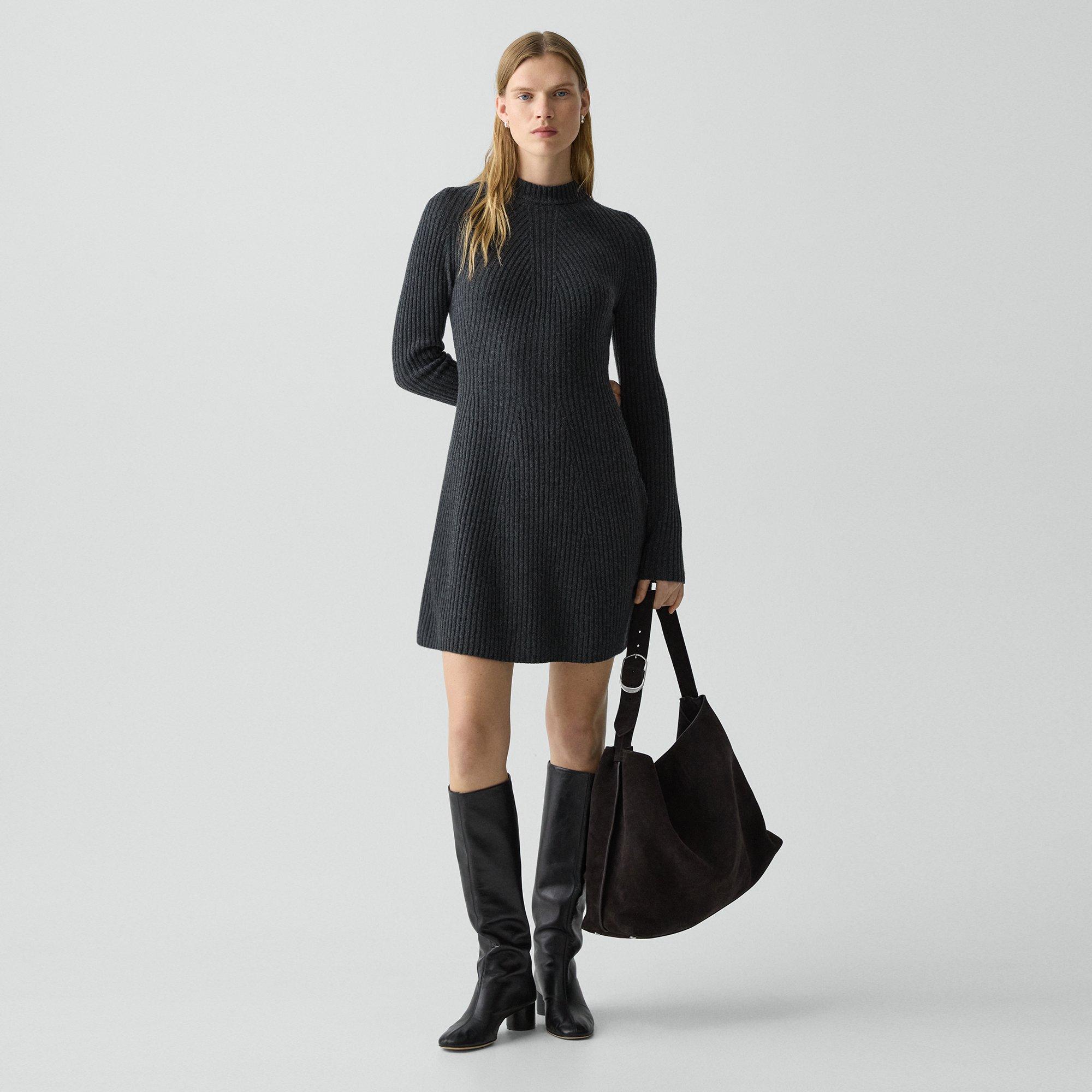 Theory Ribbed Sweater Dress In Felted Wool-cashmere In Gray