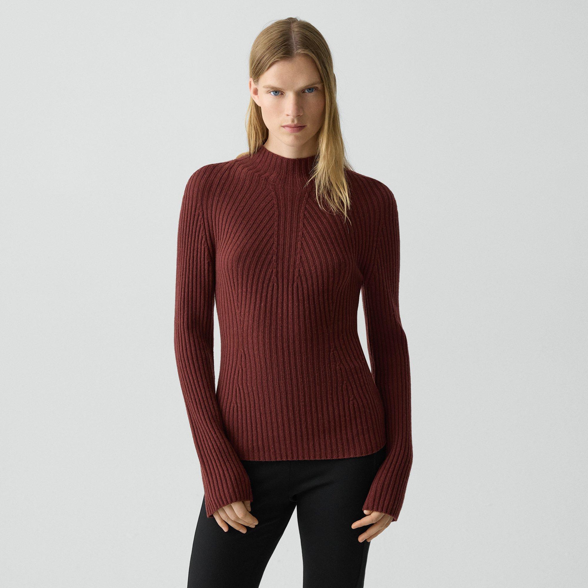 Theory Ribbed Mock Neck Sweater In Cashmere In Burgundy