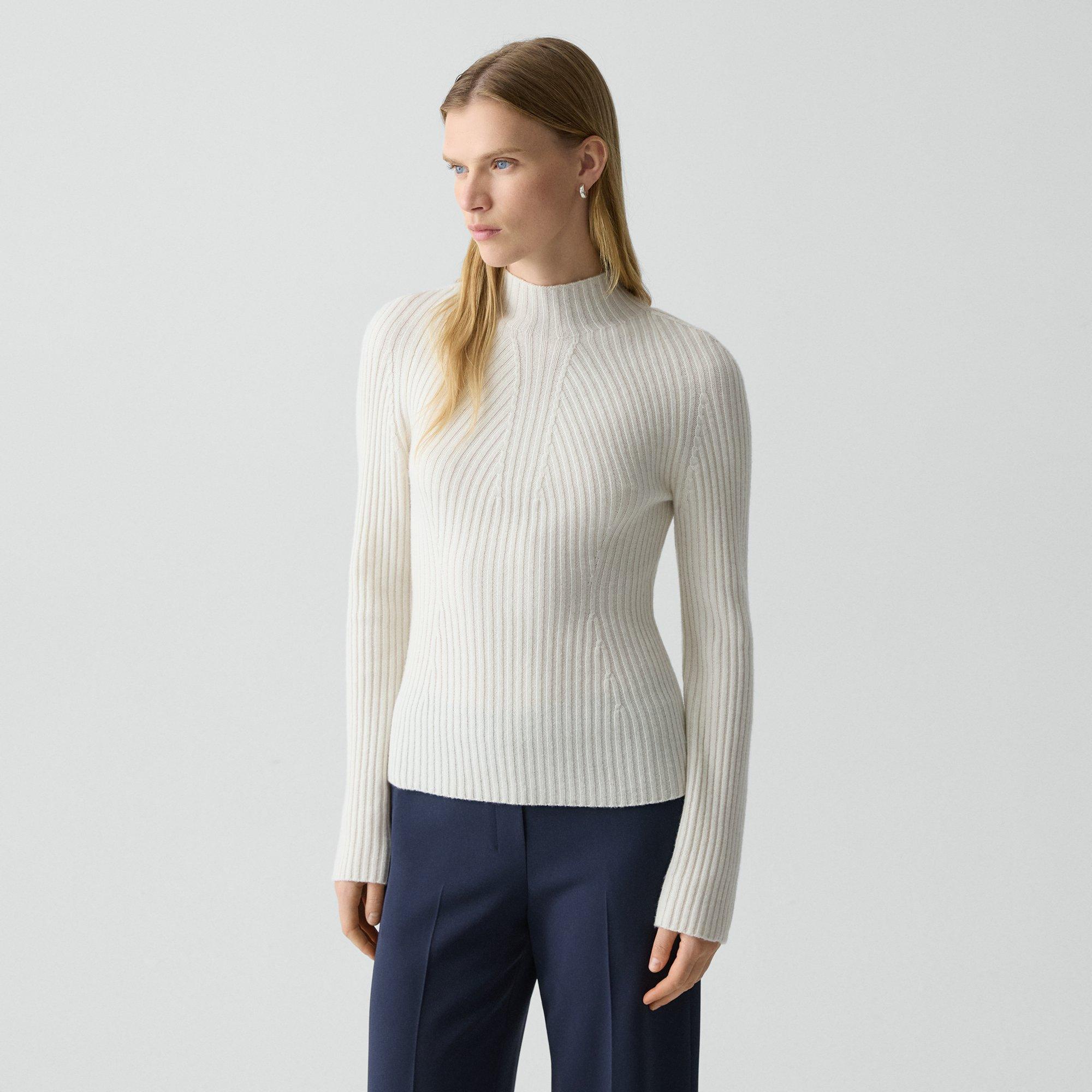 Theory Traveling Mock Neck Rib Cashmere Sweater In White