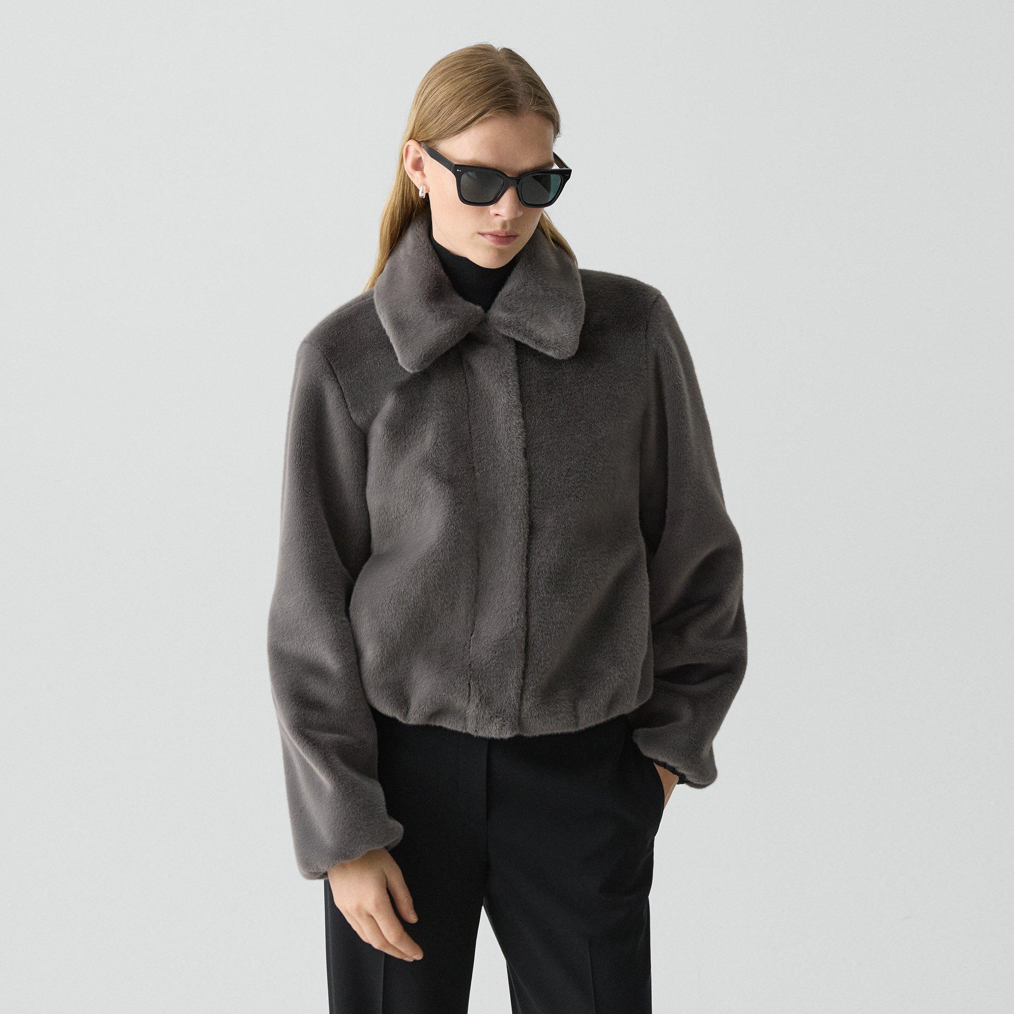 Theory Collared Jacket In Faux Fur In Gray