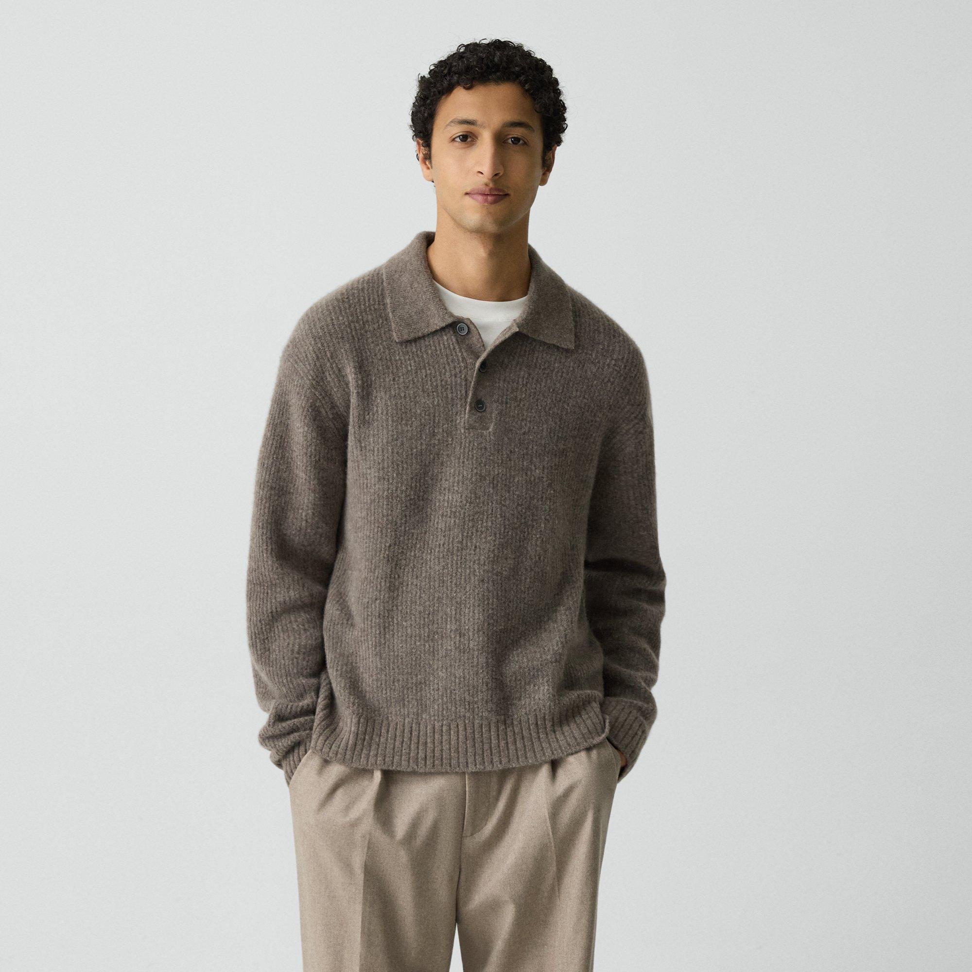 Theory Relaxed Polo Sweater In Astor Wool In Brown