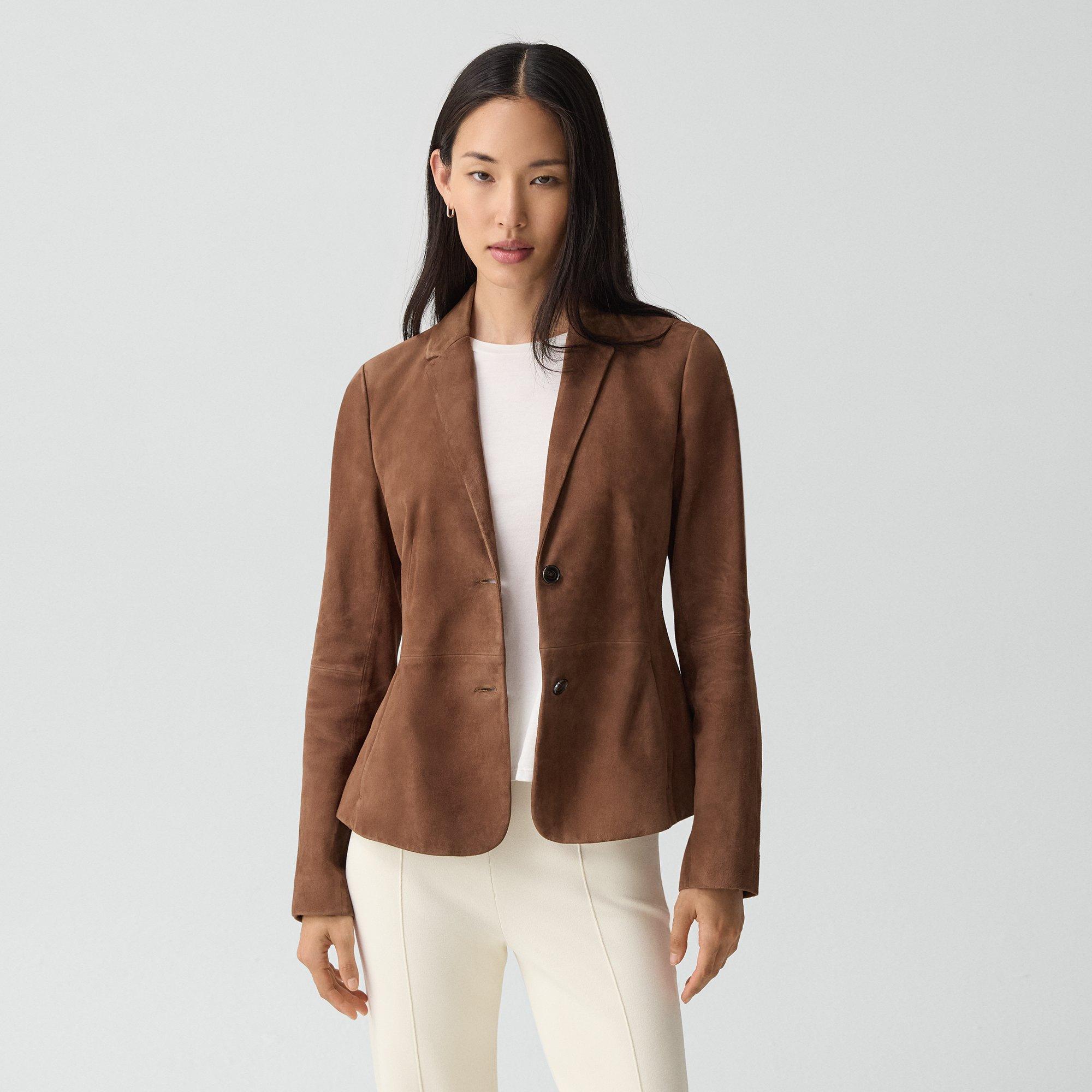 Theory Fitted Blazer In Suede In Brown