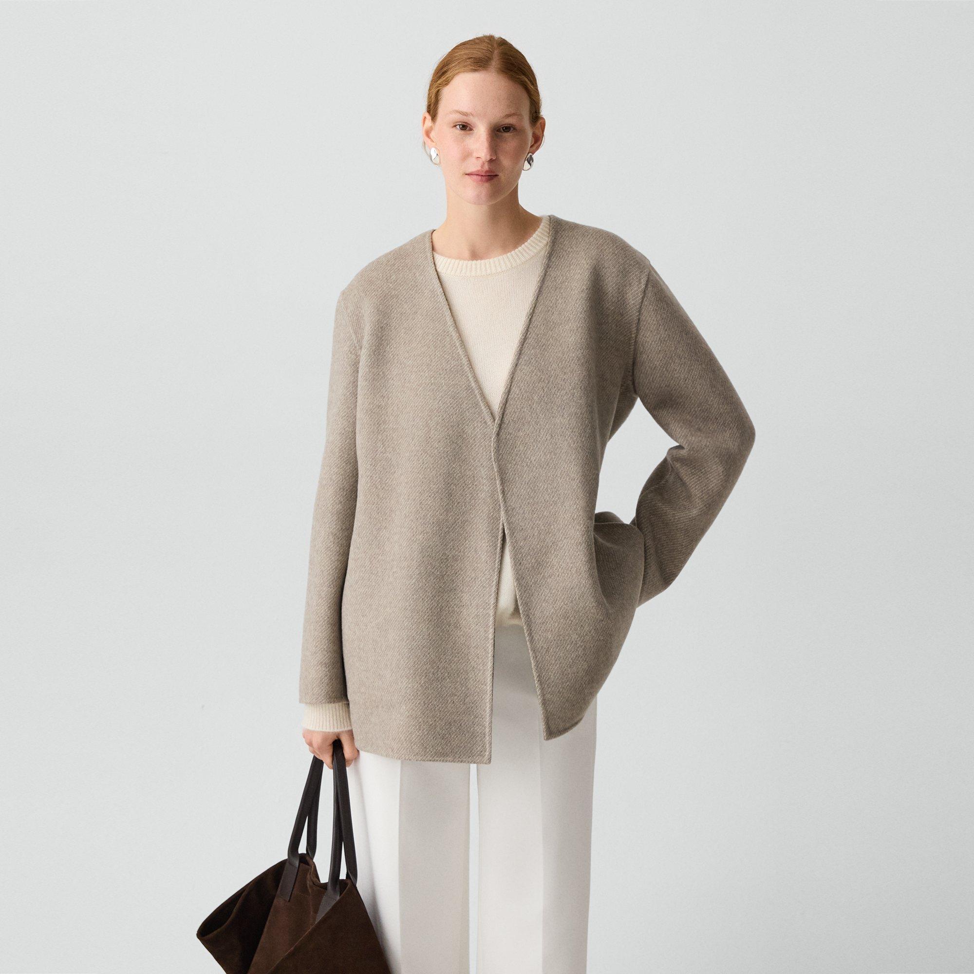Theory Cardigan Jacket In Double-face Wool Twill In Brown