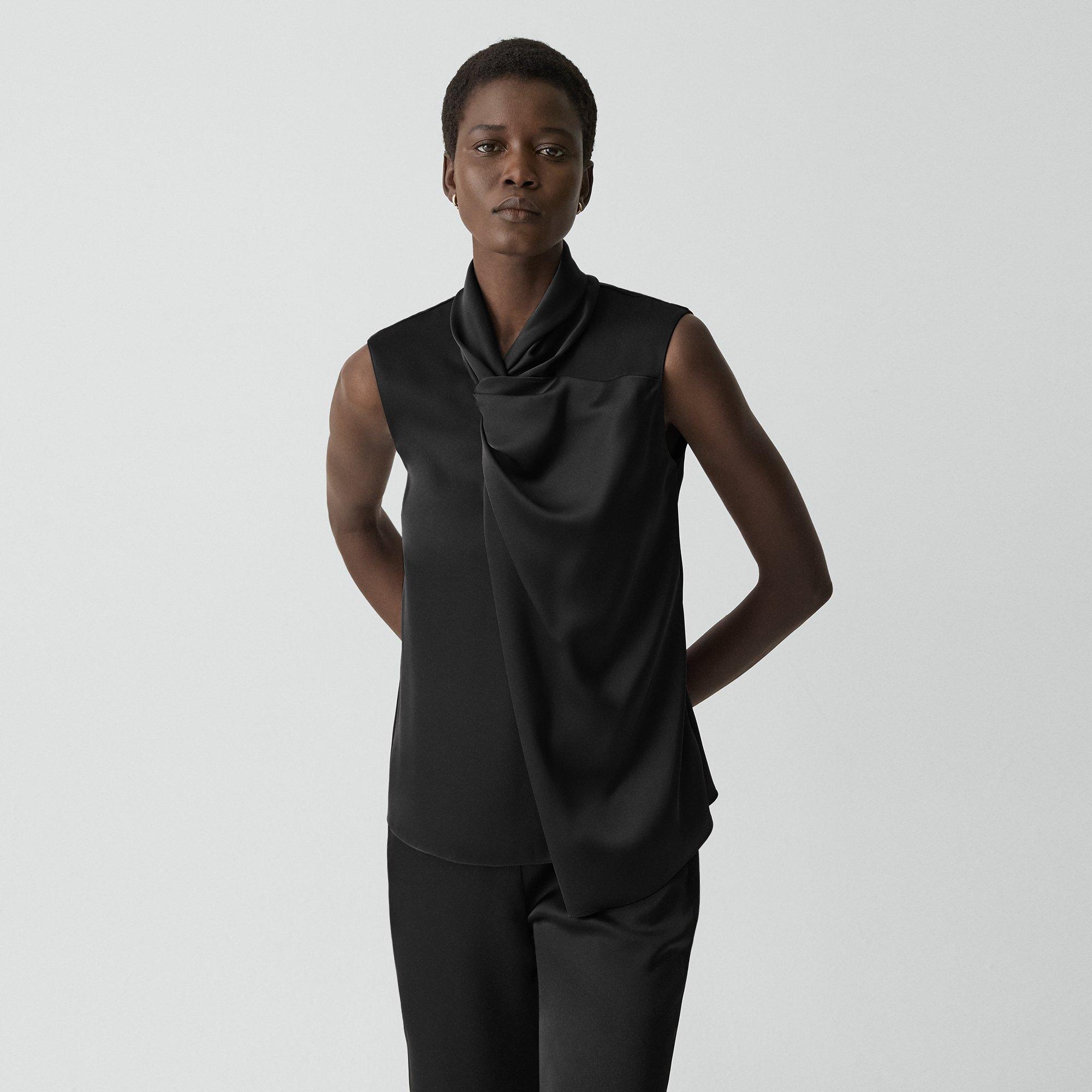 Theory Twisted Split Blouse In Satin In Black