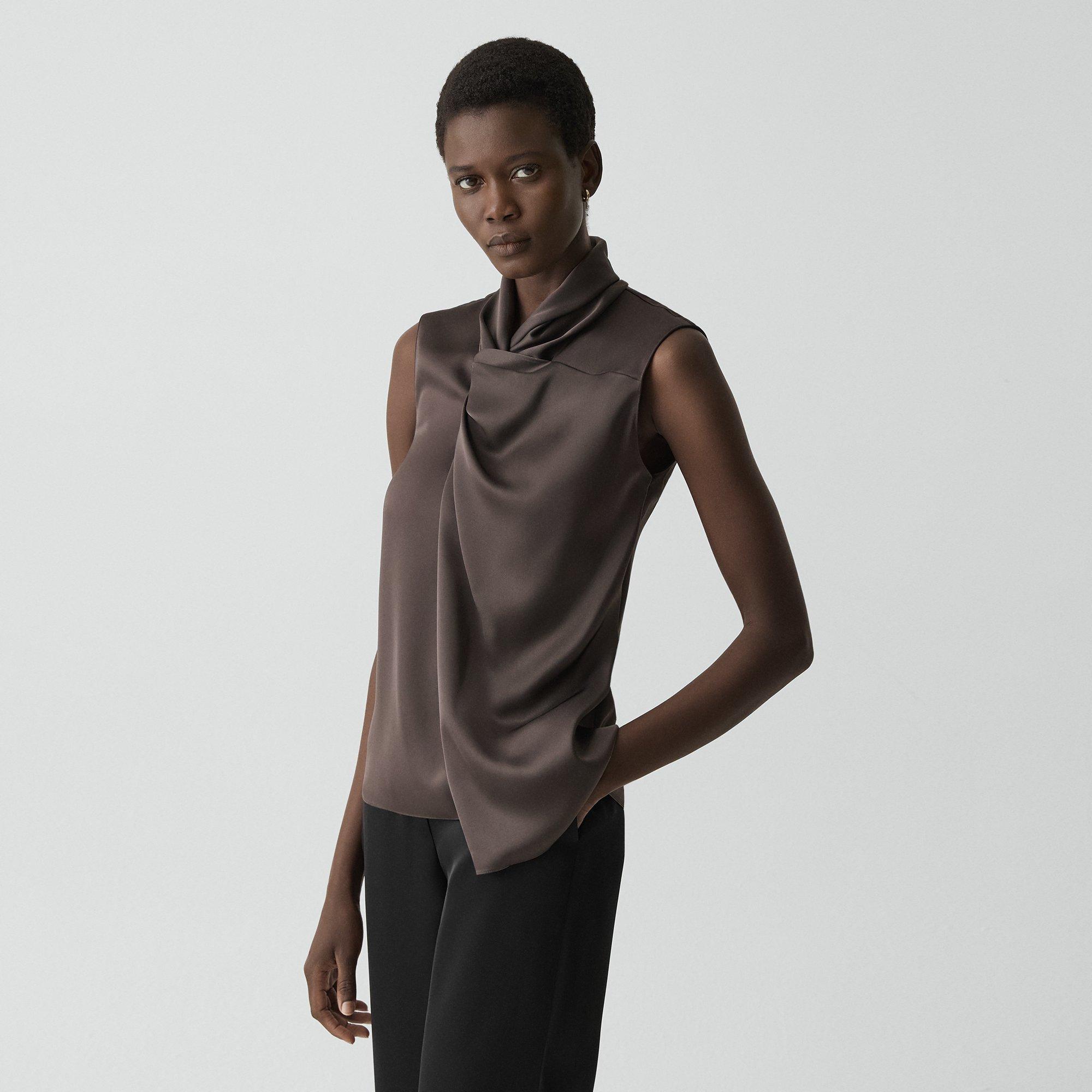 Theory Twisted Split Blouse In Satin In Brown