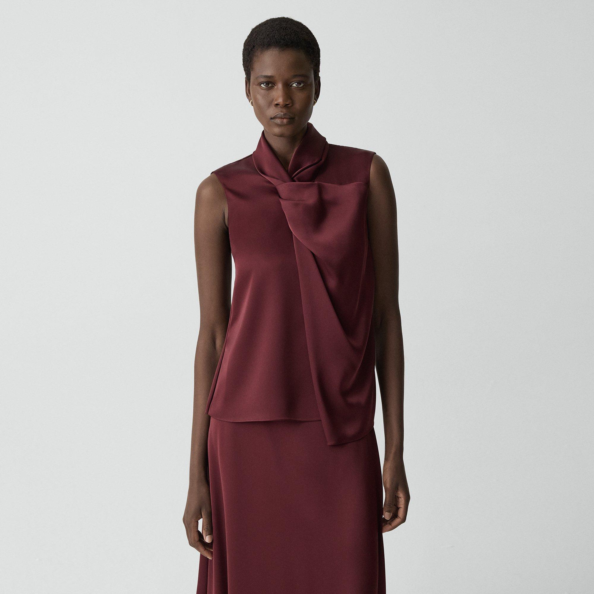 Theory Twisted Split Blouse In Satin In Burgundy