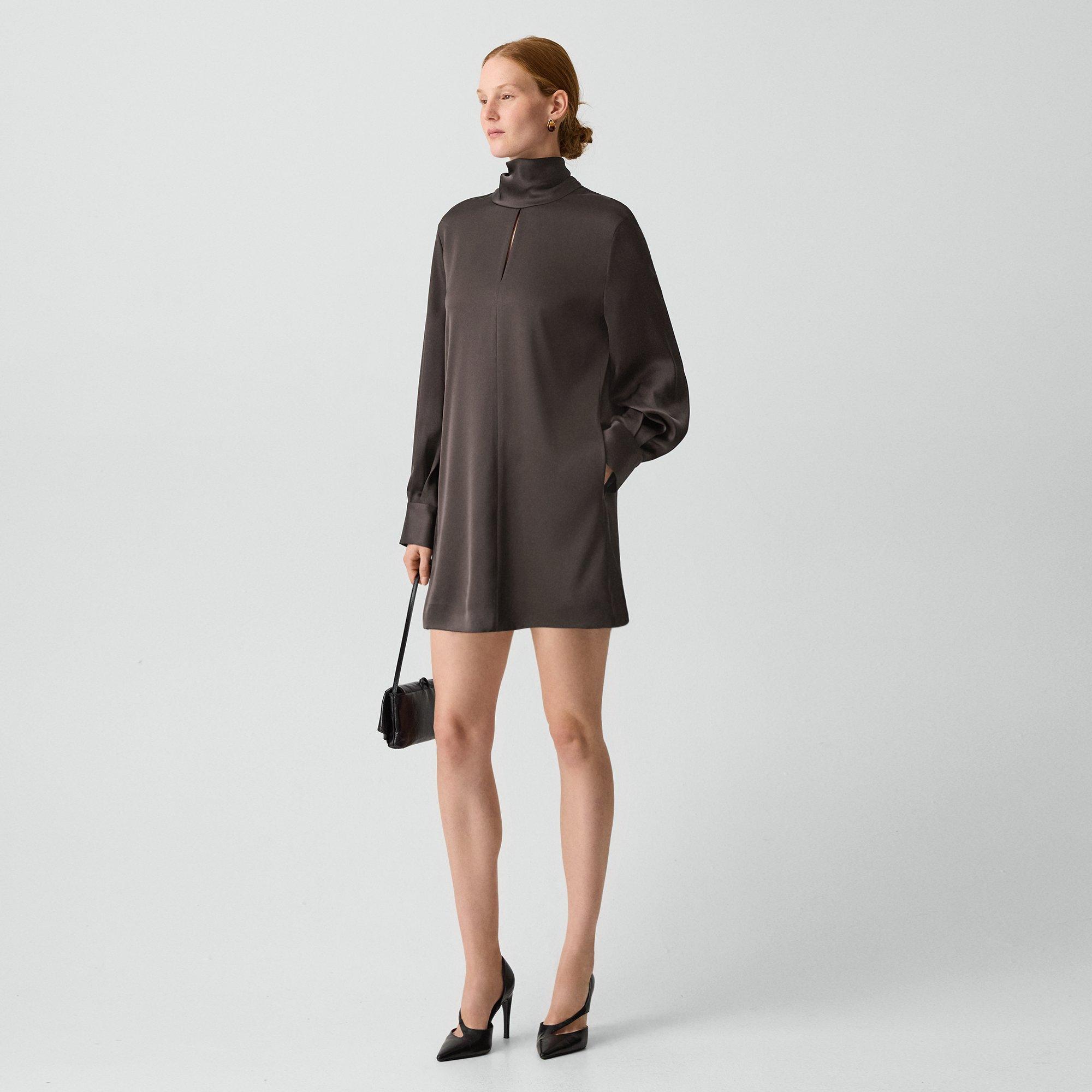 Theory Blouson Sleeve Dress In Satin In Brown