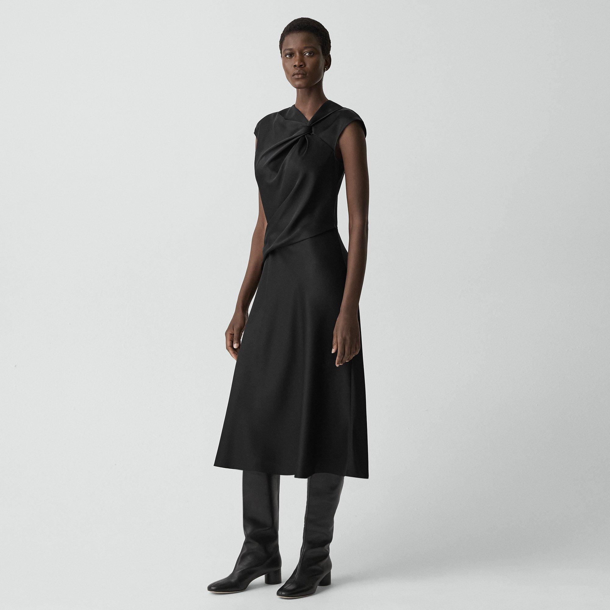 Theory Twist Bodice Dress In Satin In Black