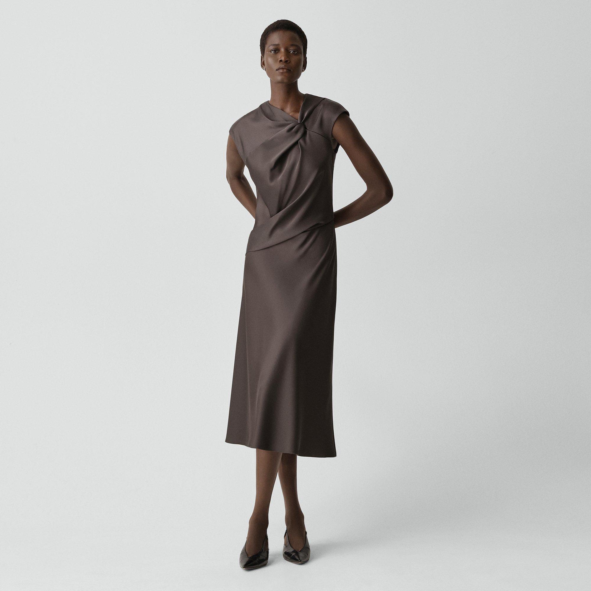 Theory Twist Bodice Dress In Satin In Brown