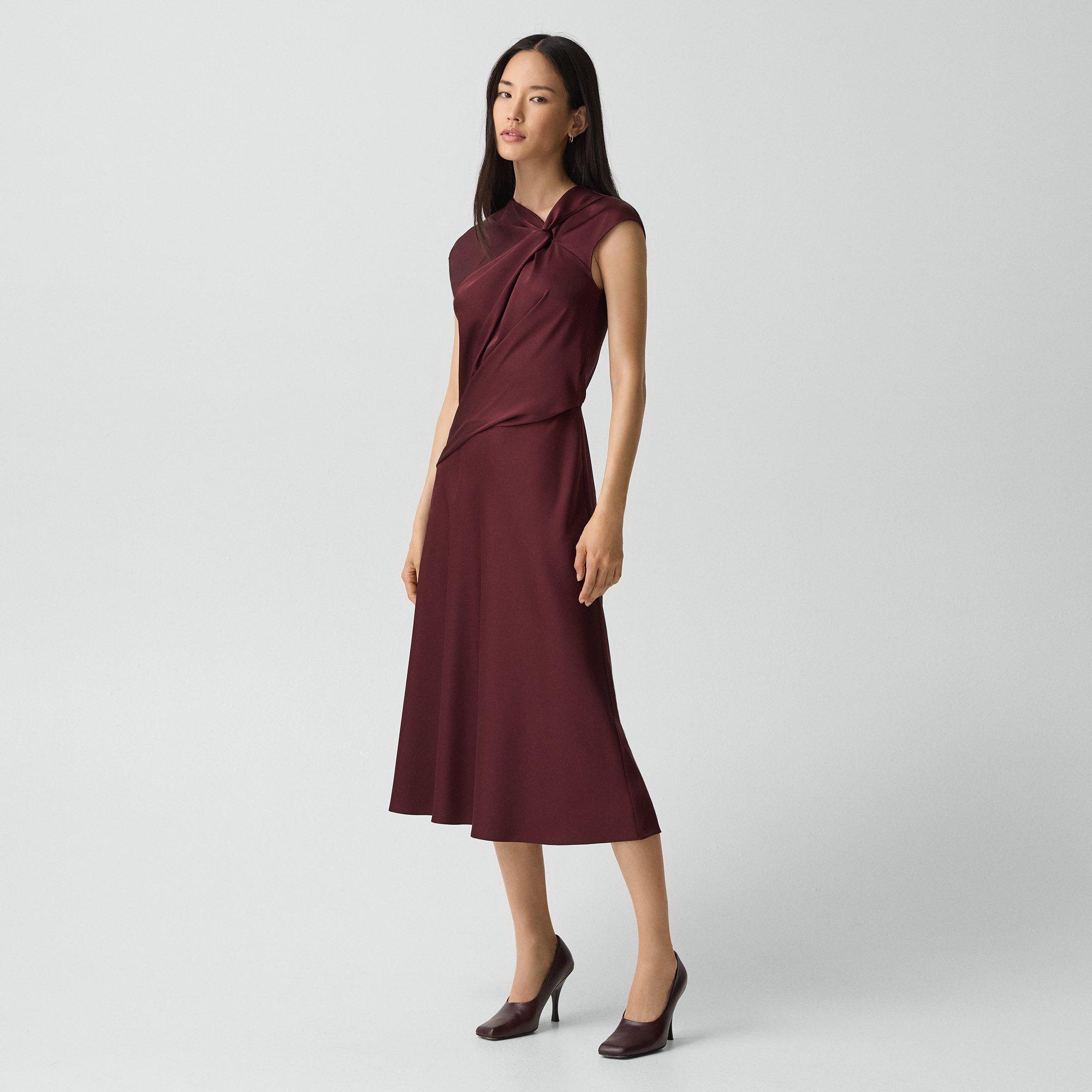 Theory Twist Bodice Dress In Satin In Burgundy