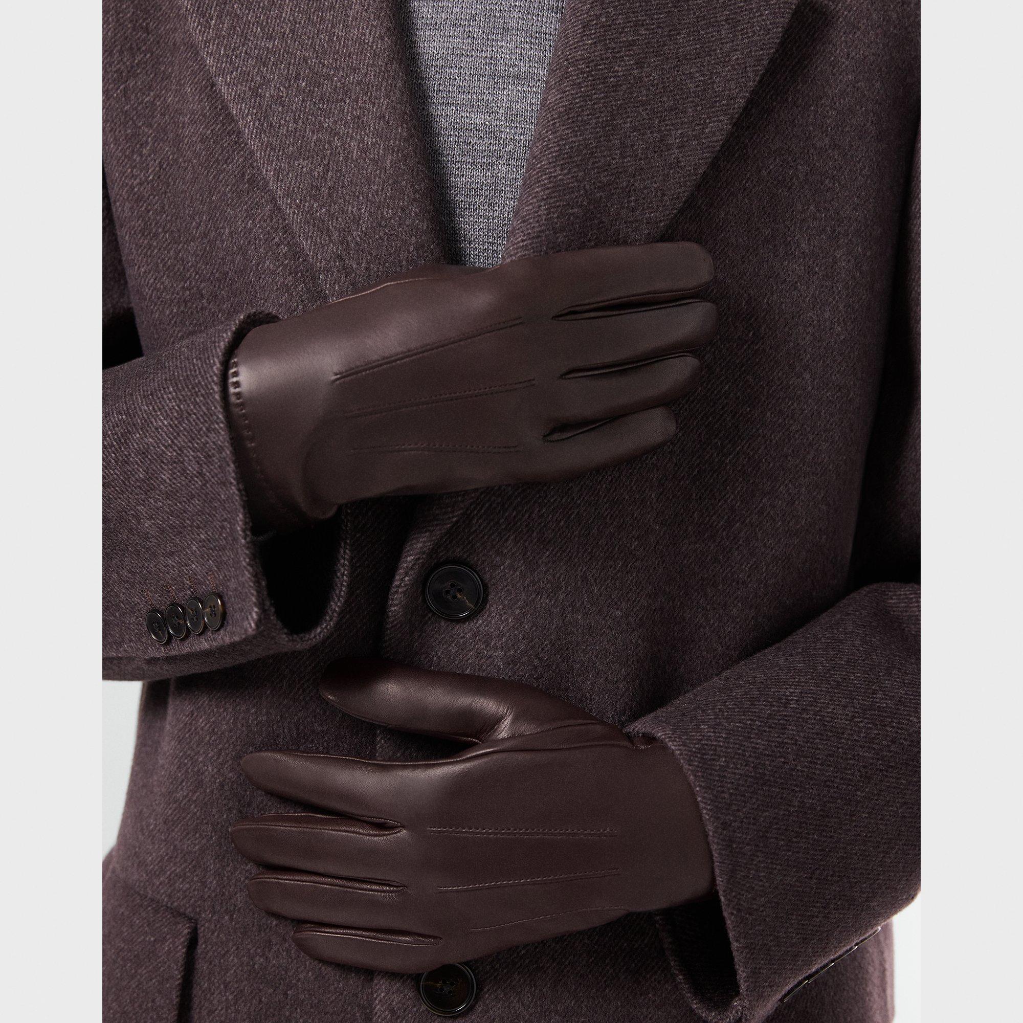 Theory Ribbed Cuff Tech Gloves In Leather In Brown