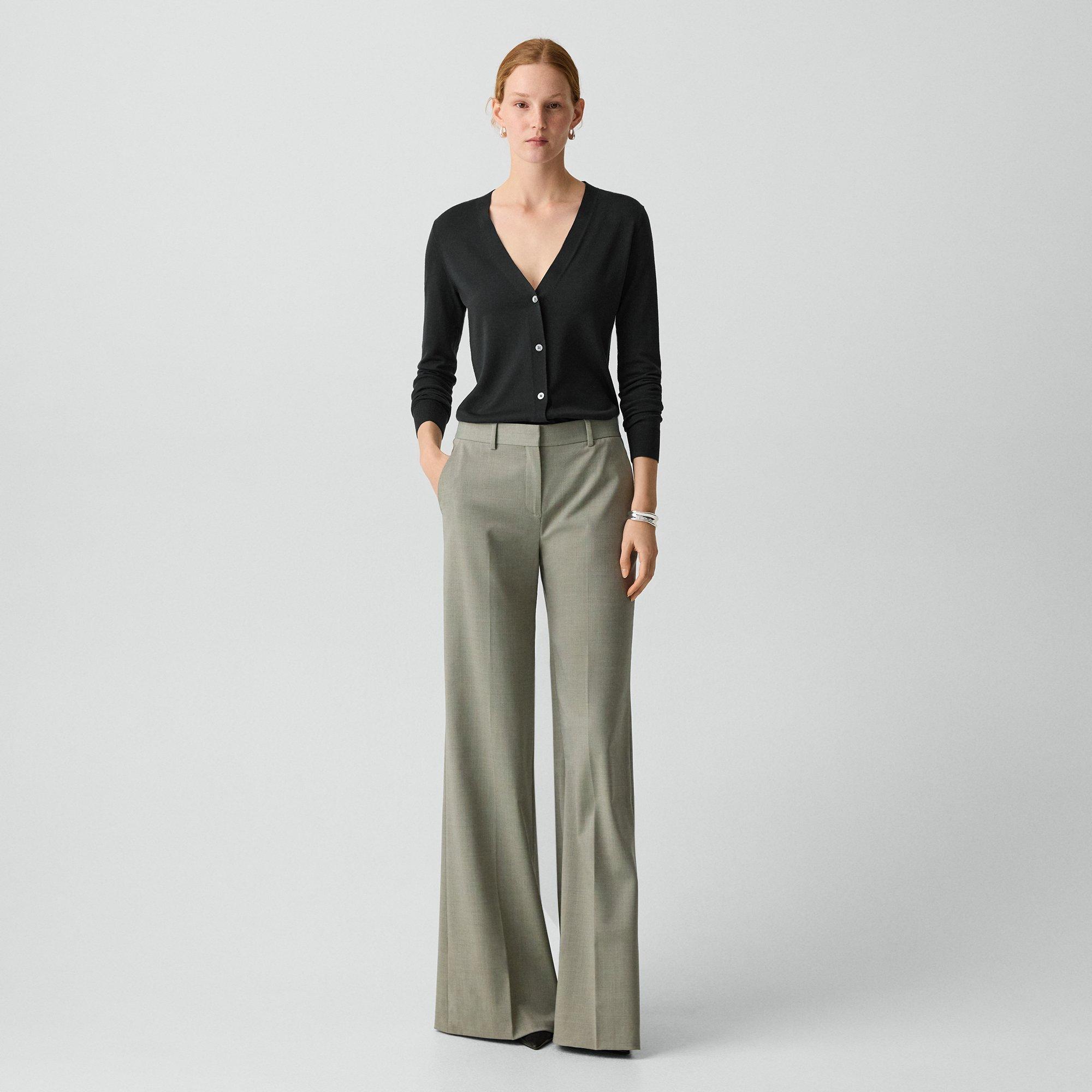 Theory Womens Vetiver Melange Fluid Flare Wide-leg Wool Trousers In Green