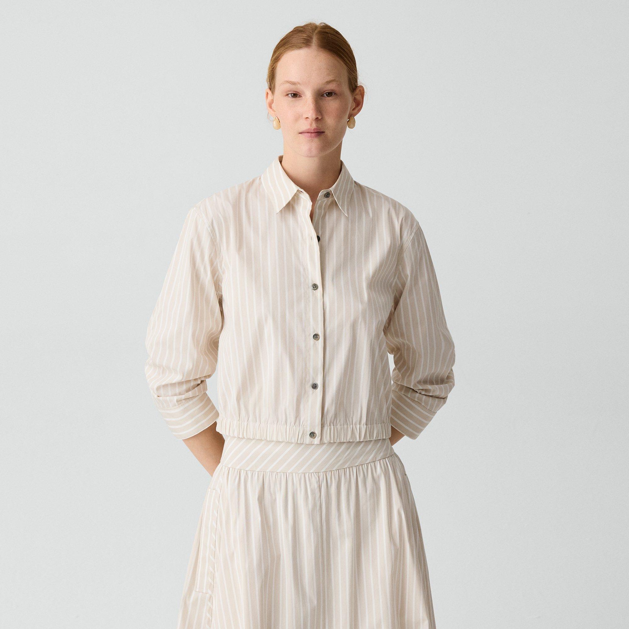 Theory Stripe Fixed Sleeve Cotton Blend Button-up Shirt In Neutral