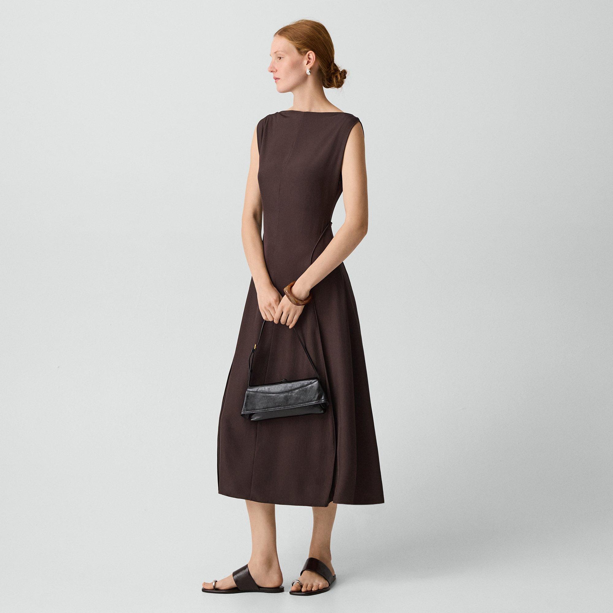 Theory Draped Midi Dress In Washed Twill In Brown